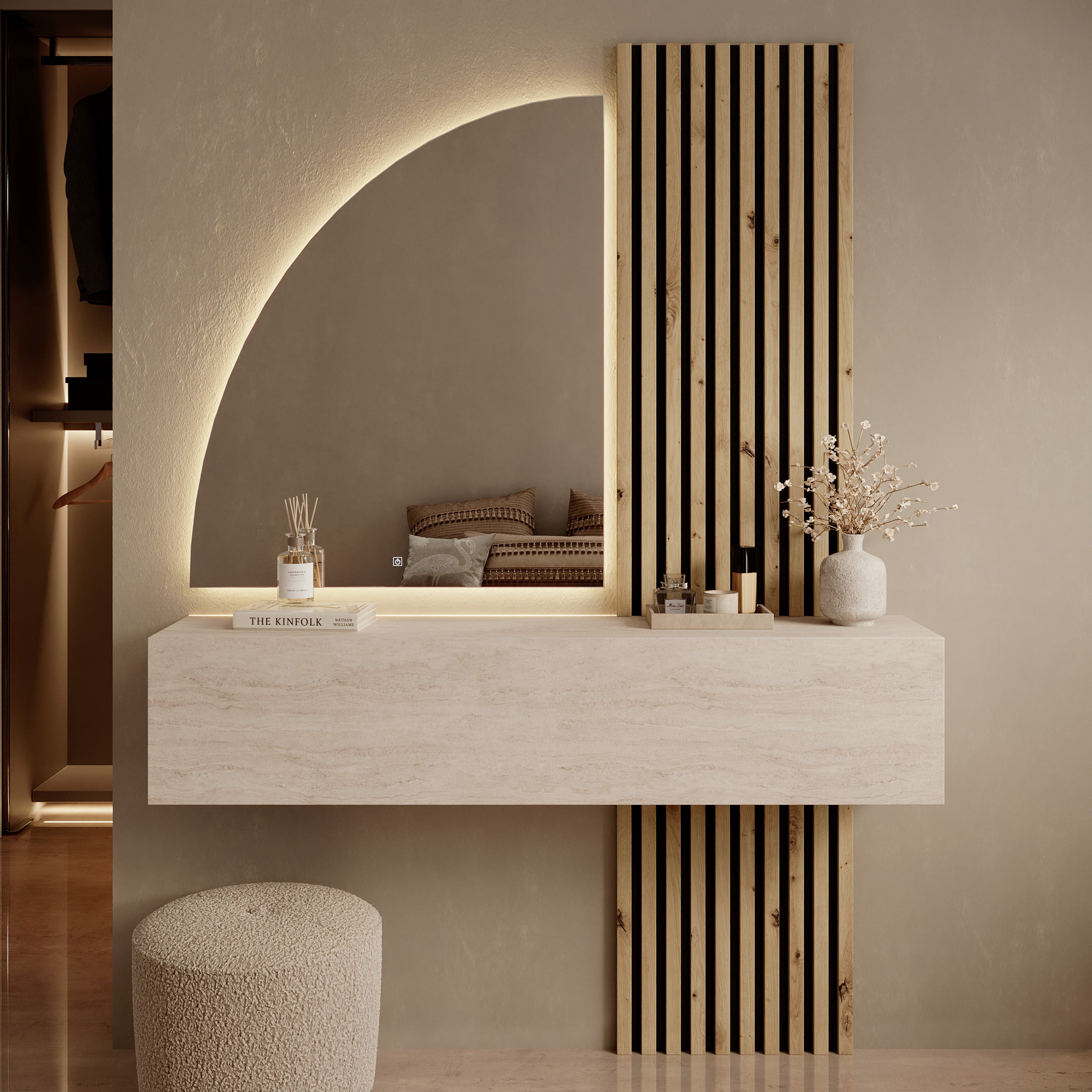 Bonaire - Kaptafel met LED spiegel half - Travertin/Eikenpatroon - 138x30x110 cm