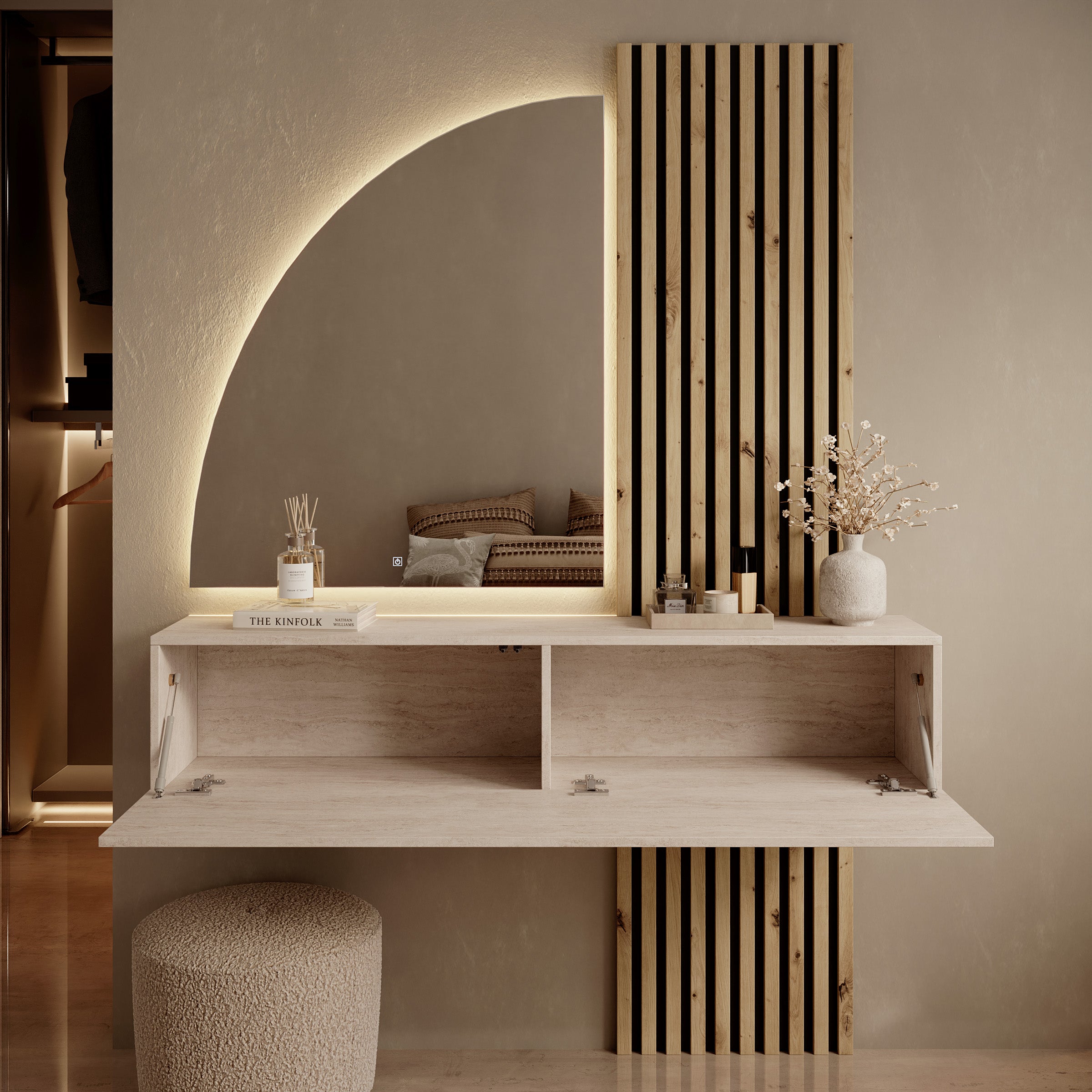 Bonaire - Kaptafel met LED spiegel half - Travertin/Eikenpatroon - 138x30x110 cm