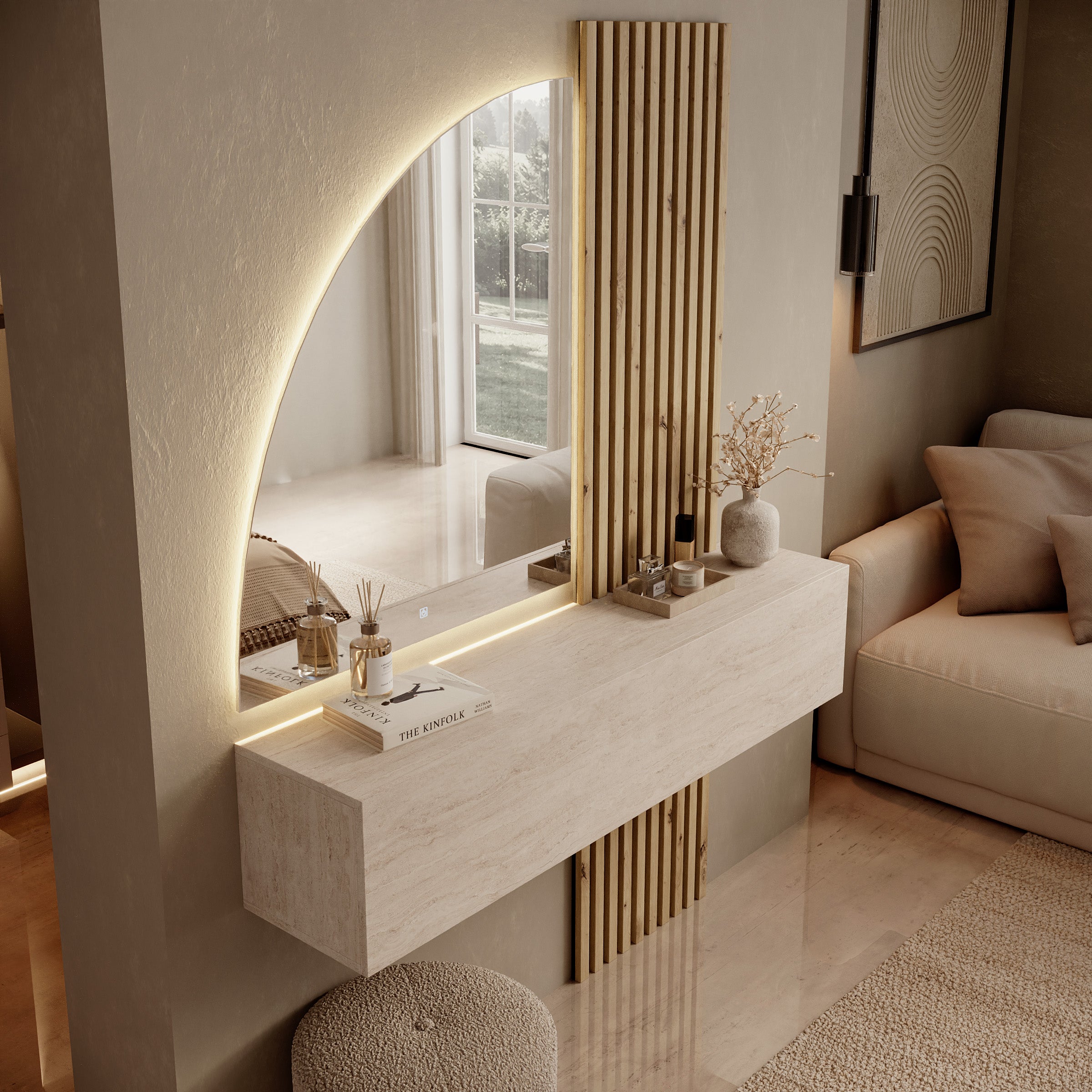 Bonaire - Kaptafel met LED spiegel half - Travertin/Eikenpatroon - 138x30x110 cm