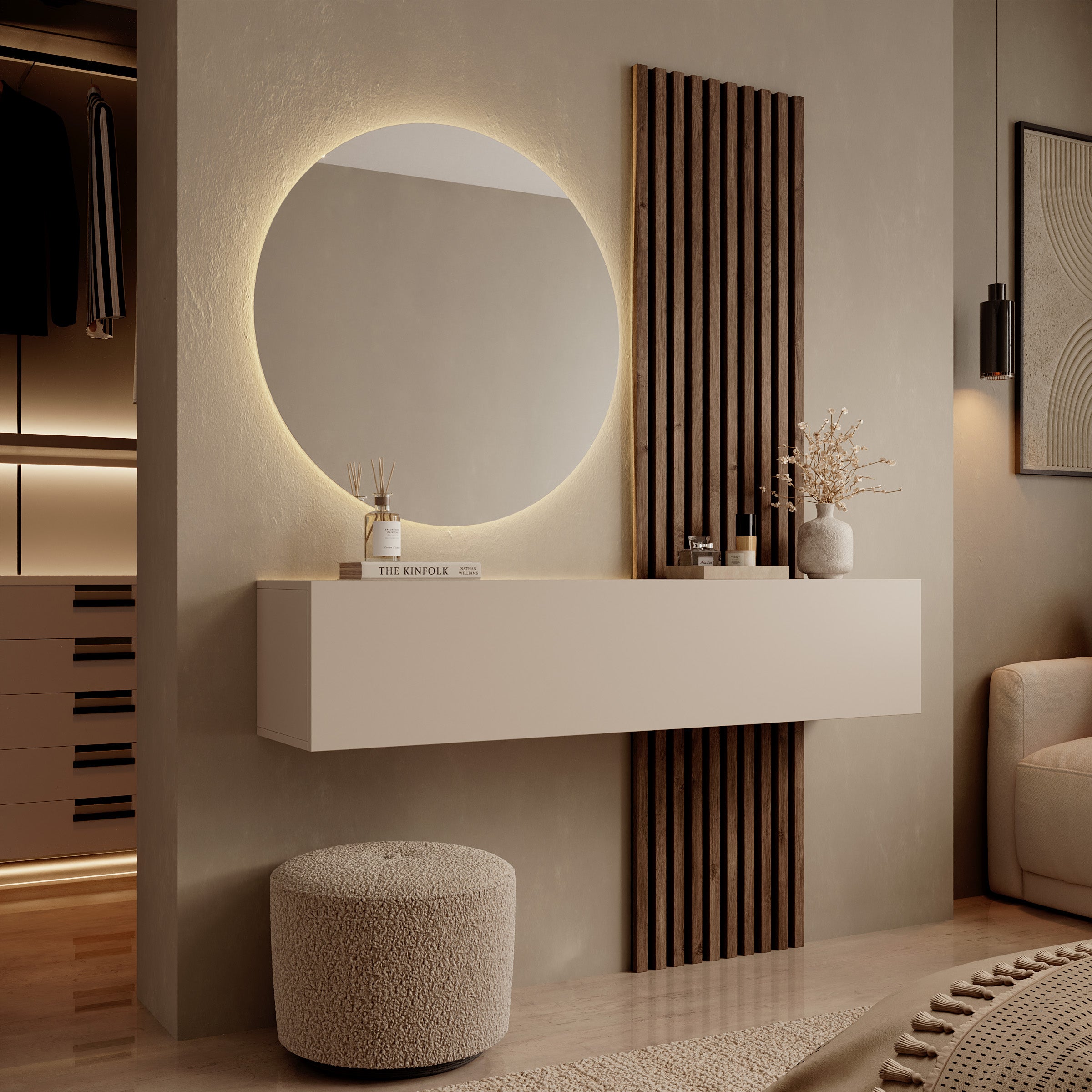Bonaire - Kaptafel met LED spiegel rond - Beige/Eikenpatroon - 138x30x110 cm