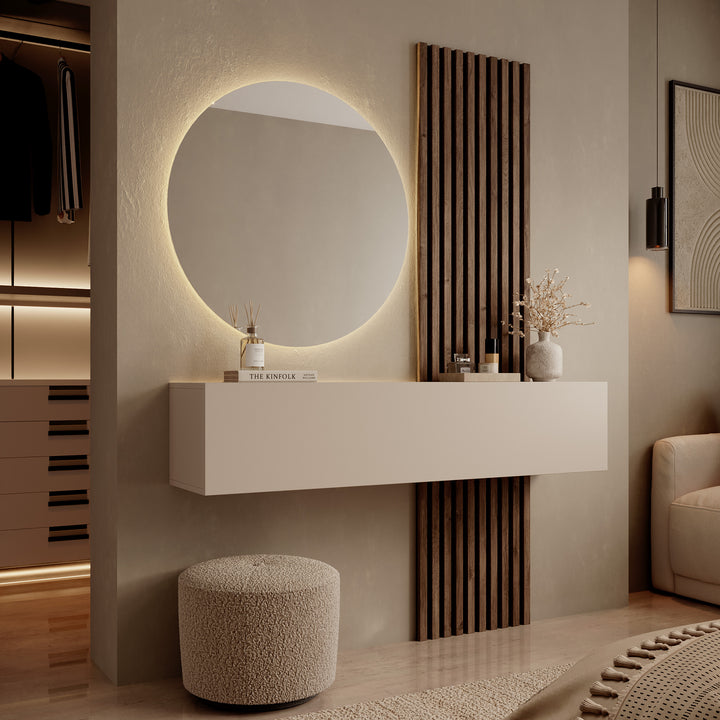 Bonaire - Kaptafel met LED spiegel rond - Beige/Eikenpatroon - 138x30x110 cm