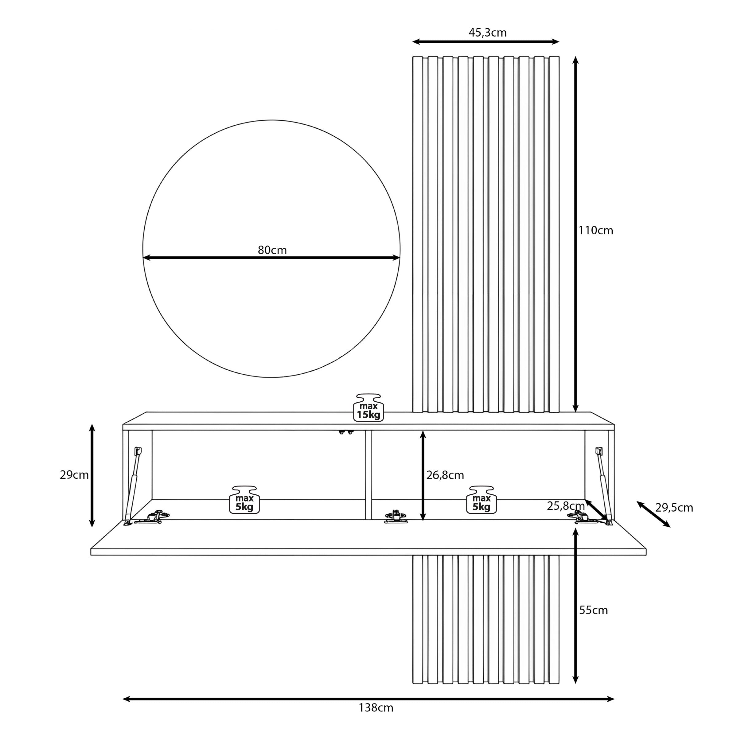 Bonaire - Kaptafel met LED spiegel rond - Beige/Eikenpatroon - 138x30x110 cm