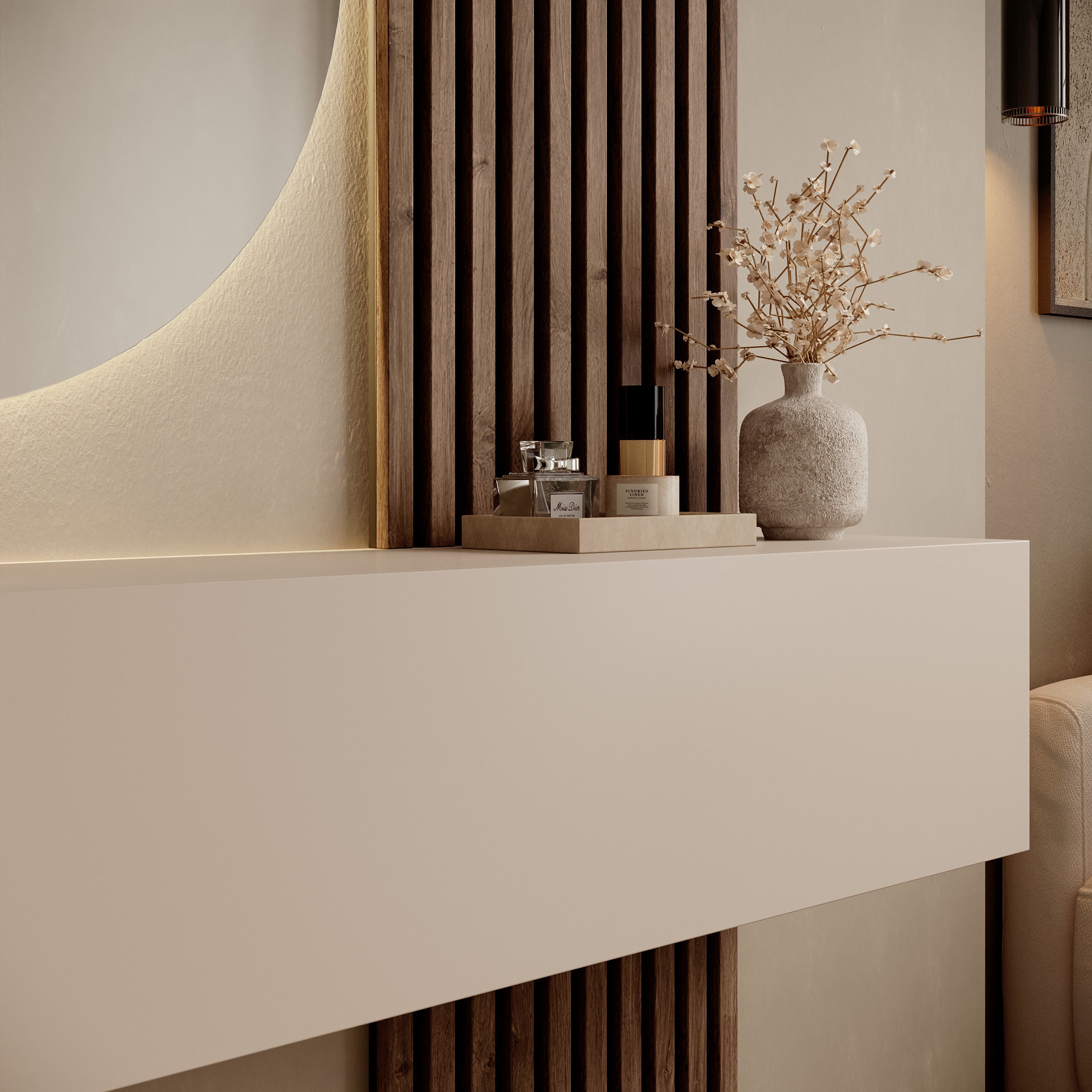 Bonaire - Kaptafel met LED spiegel rond - Beige/Eikenpatroon - 138x30x110 cm