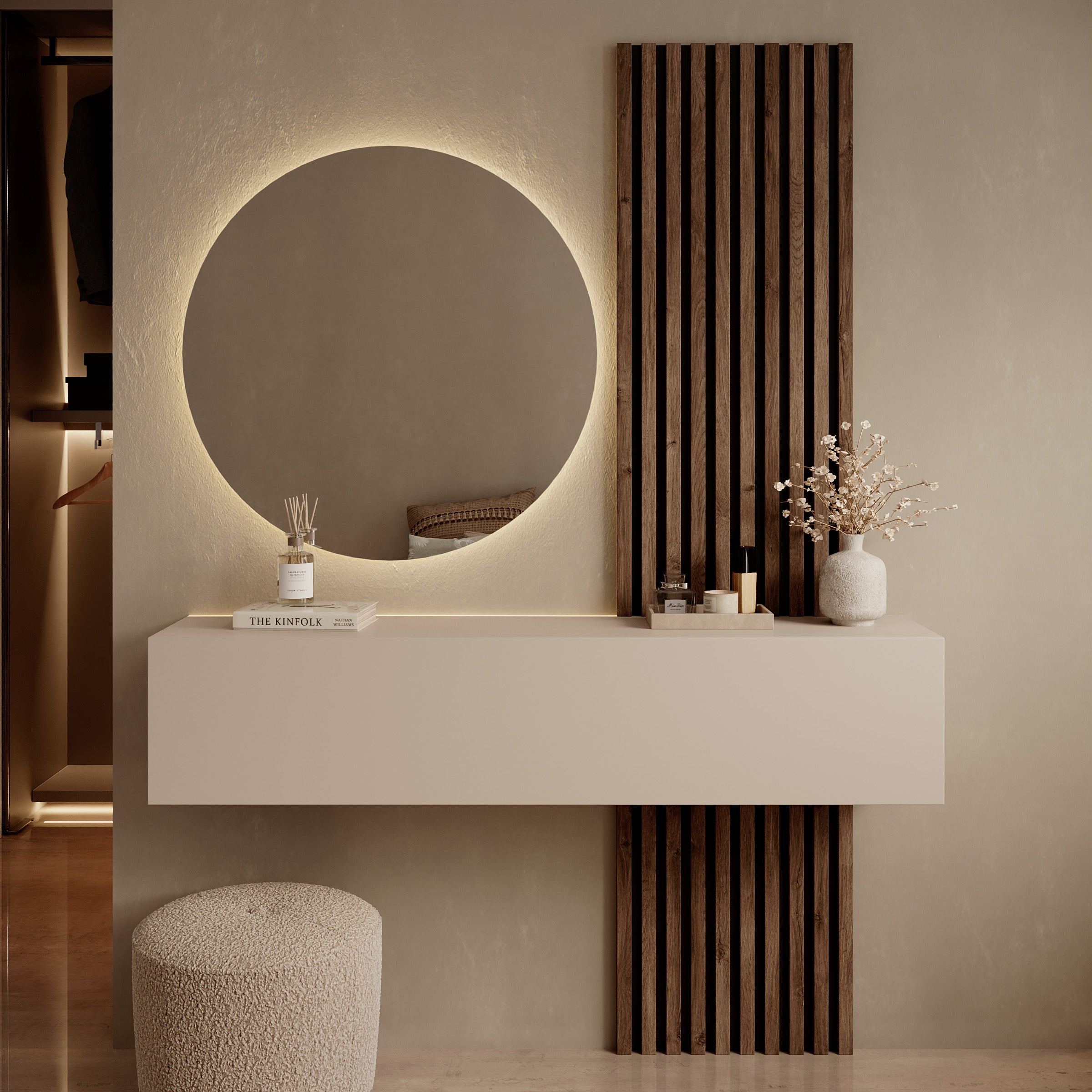 Bonaire - Kaptafel met LED spiegel rond - Beige/Eikenpatroon - 138x30x110 cm