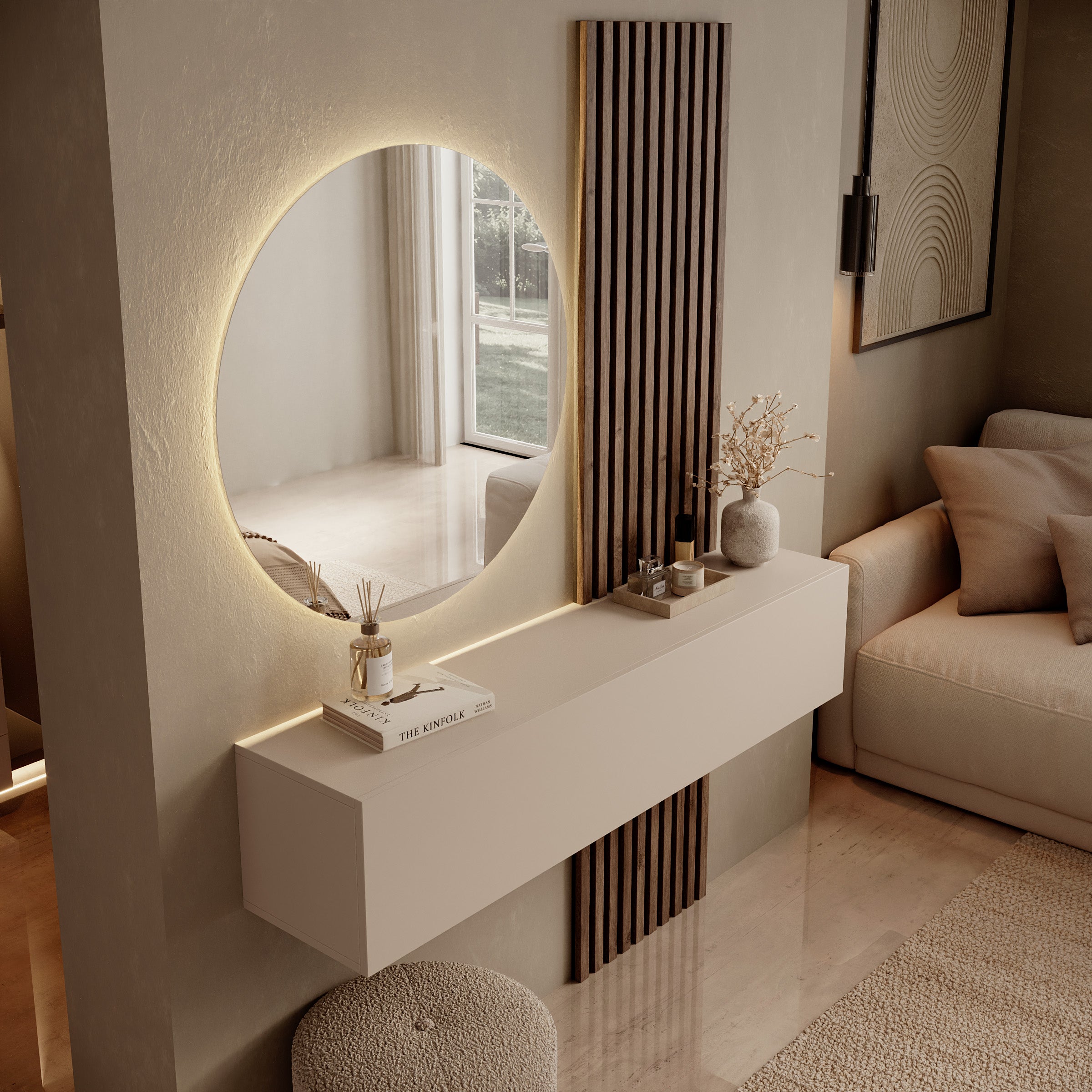 Bonaire - Kaptafel met LED spiegel rond - Beige/Eikenpatroon - 138x30x110 cm
