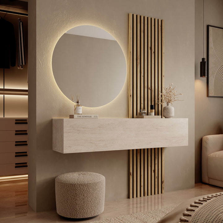 Bonaire - Kaptafel met LED spiegel rond - Travertin/Eikenpatroon - 138x30x110 cm