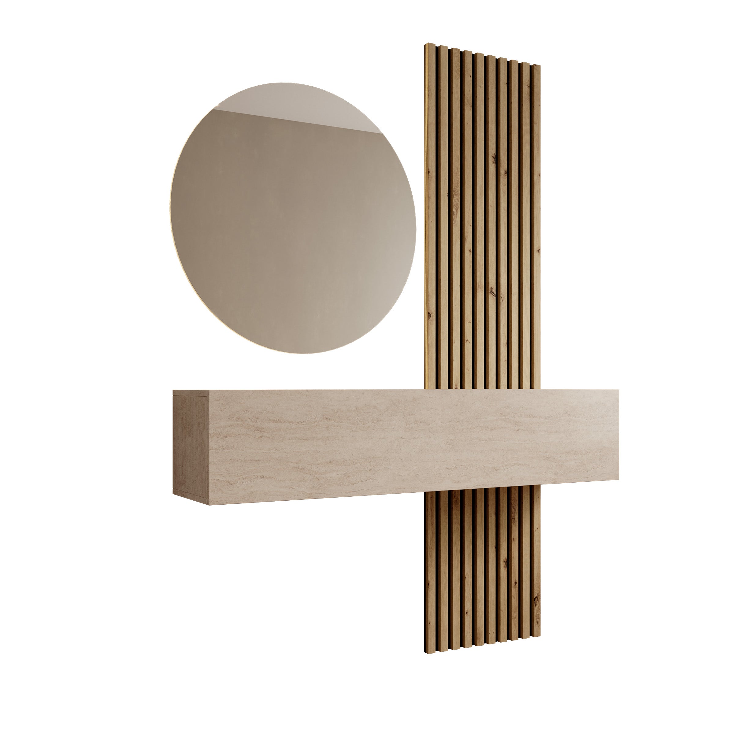 Bonaire - Kaptafel met LED spiegel rond - Travertin/Eikenpatroon - 138x30x110 cm