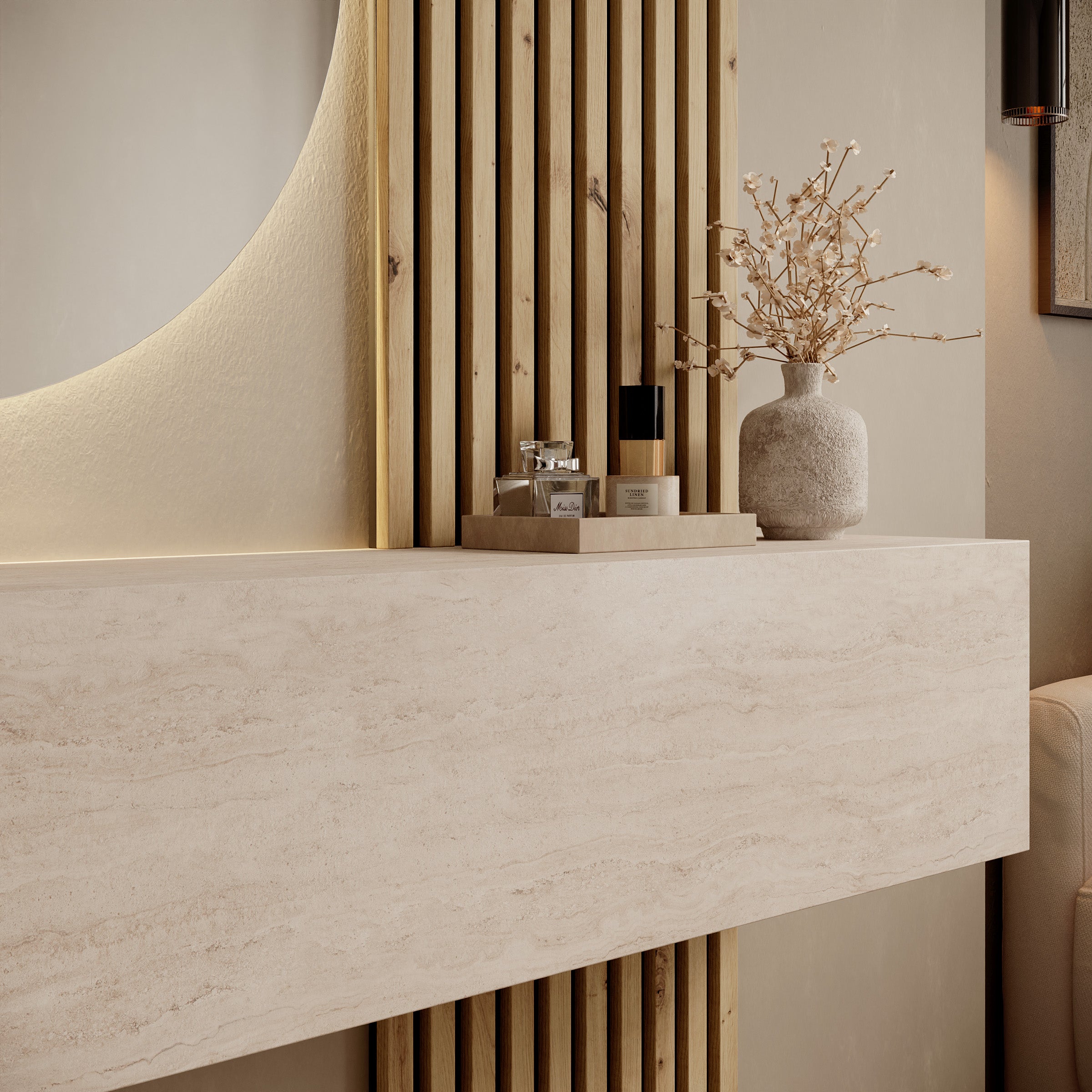 Bonaire - Kaptafel met LED spiegel rond - Travertin/Eikenpatroon - 138x30x110 cm
