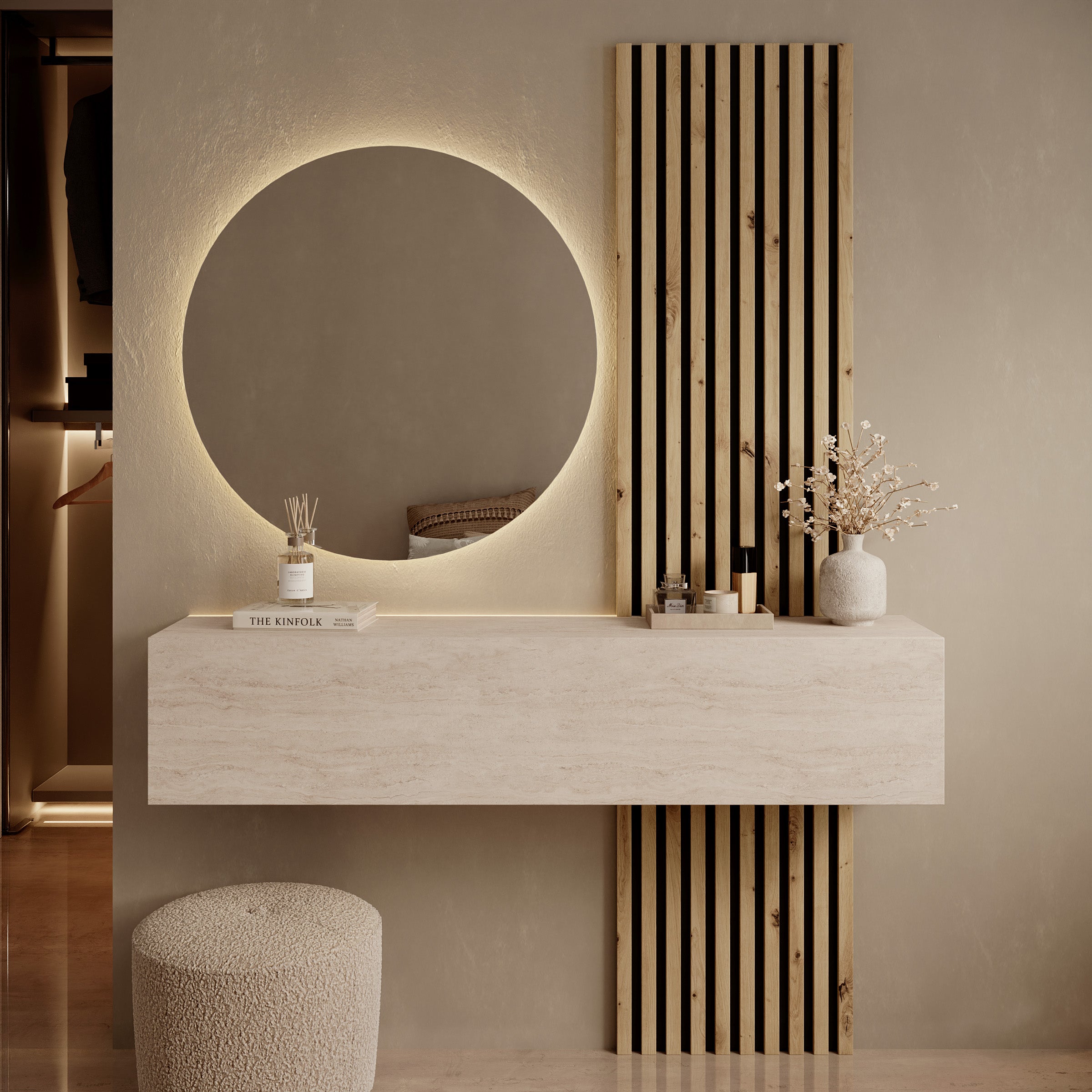 Bonaire - Kaptafel met LED spiegel rond - Travertin/Eikenpatroon - 138x30x110 cm