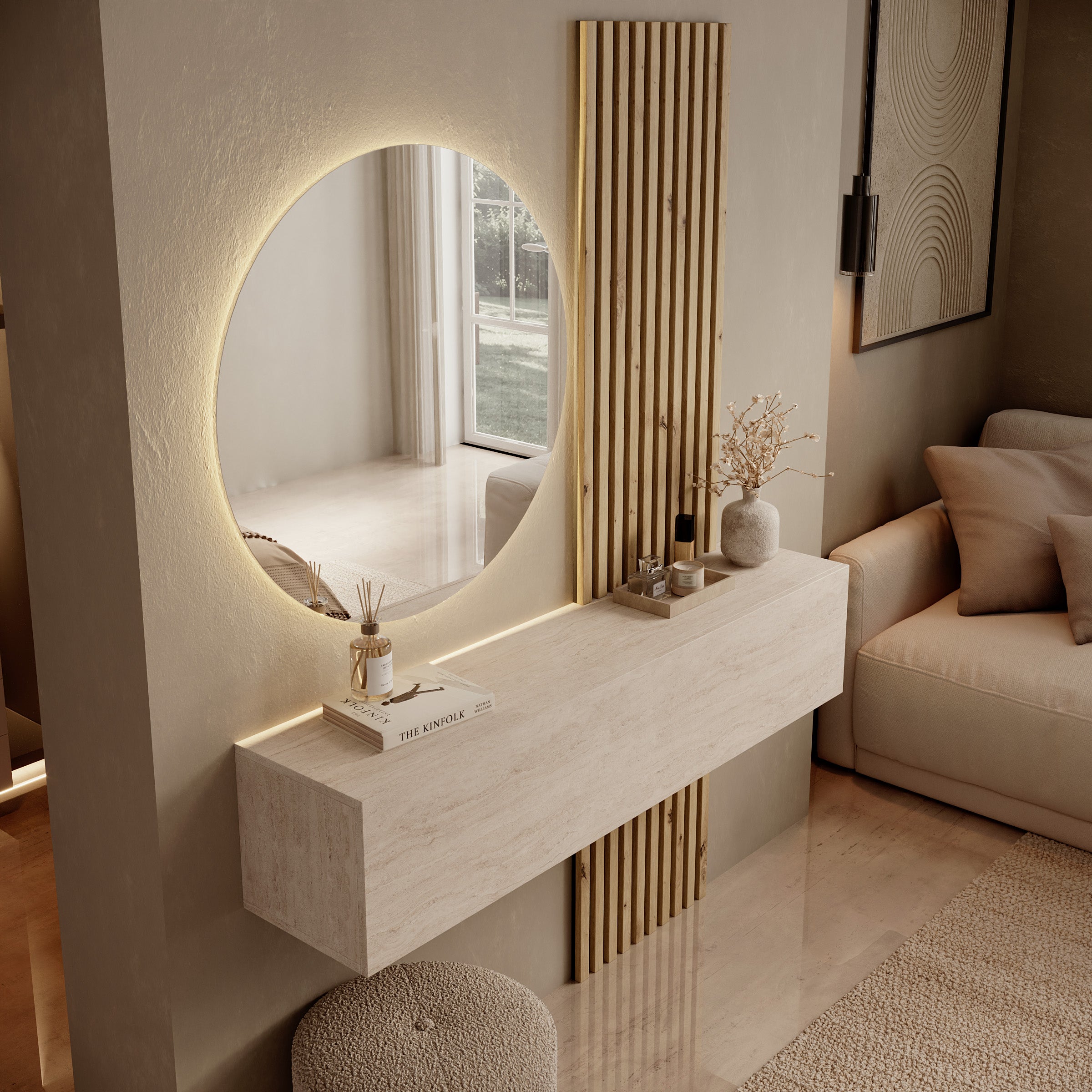 Bonaire - Kaptafel met LED spiegel rond - Travertin/Eikenpatroon - 138x30x110 cm