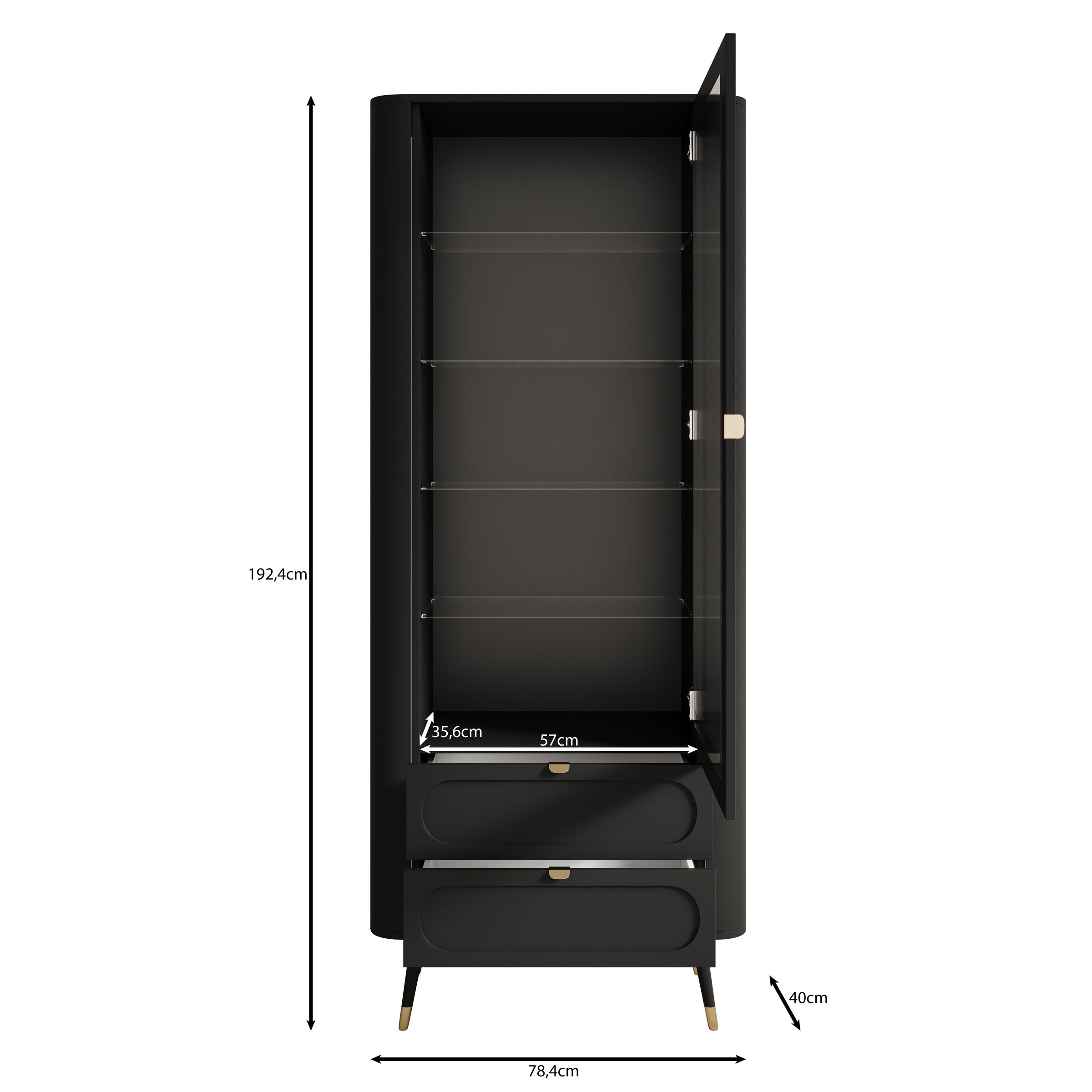 Borneo - Vitrinekast - Zwart - 78x40x192 cm