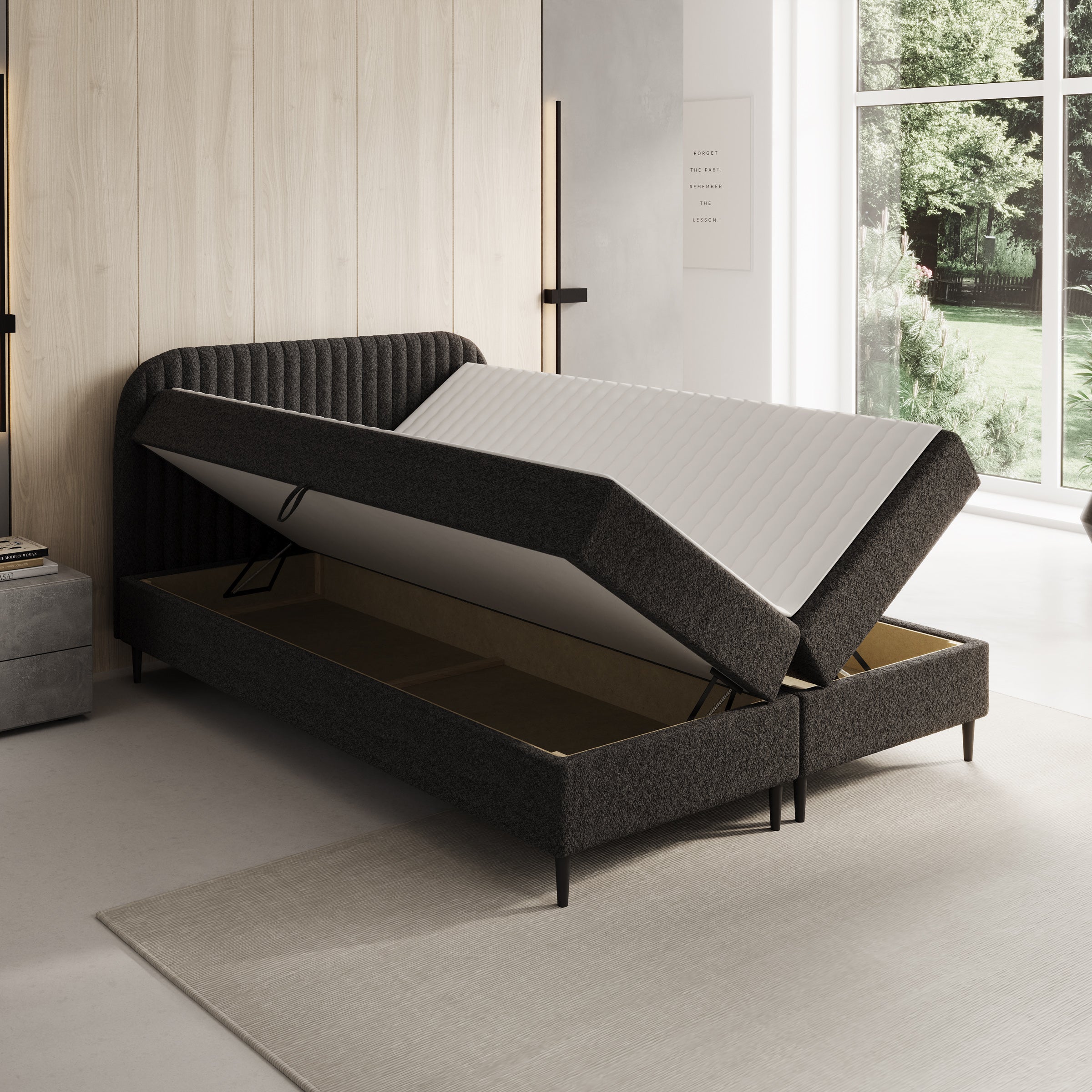 Bosque - Boxspring met opbergruimte - Teddystof zwart - 140x200 cm