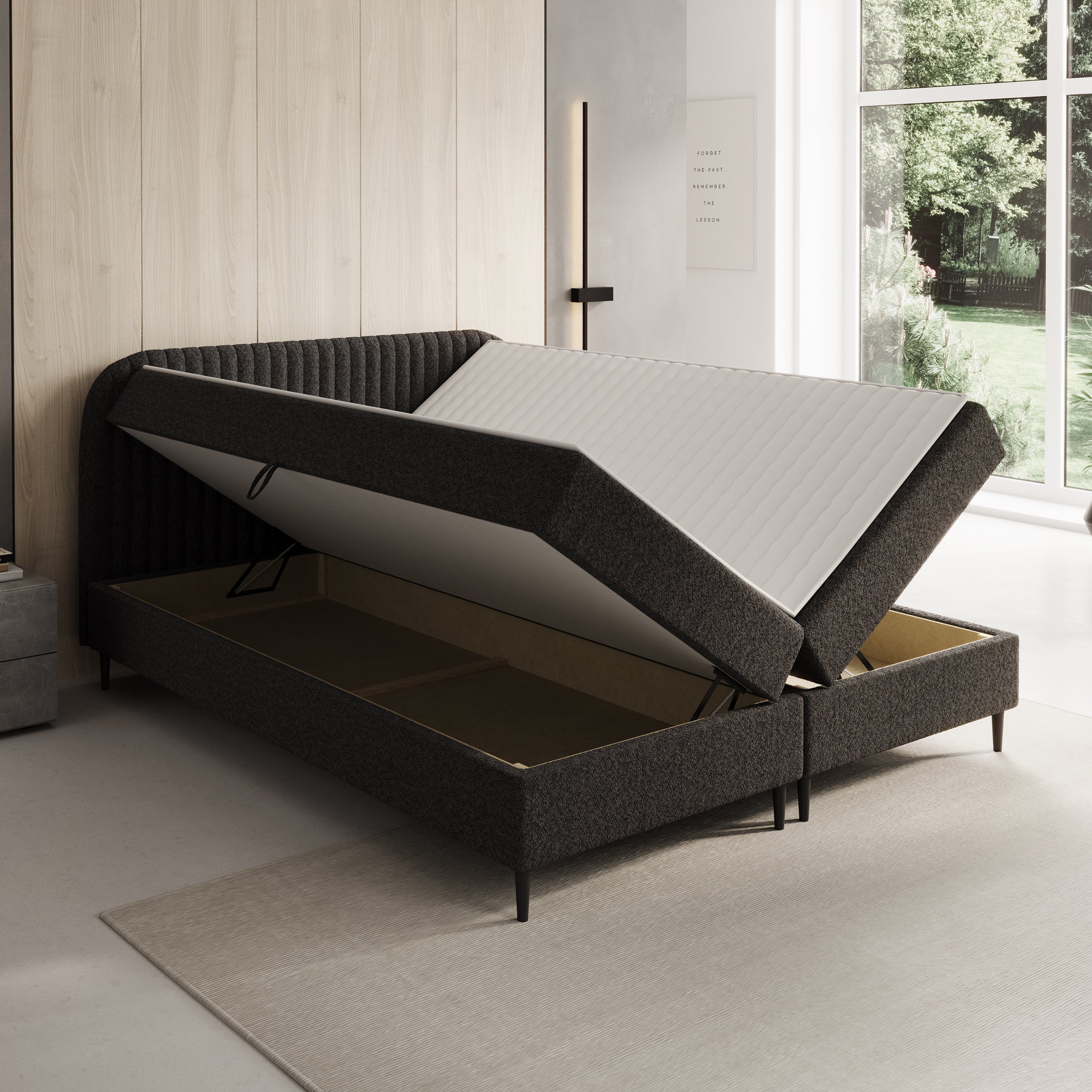 Bosque - Boxspring met opbergruimte - Teddystof zwart - 160x200 cm