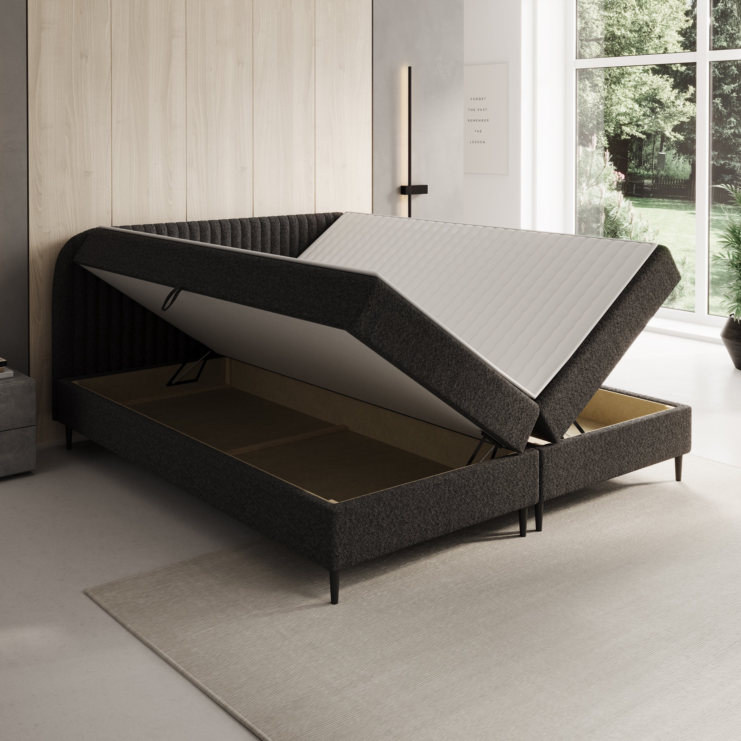 Bosque - Boxspring met opbergruimte - Teddystof zwart - 180x200 cm