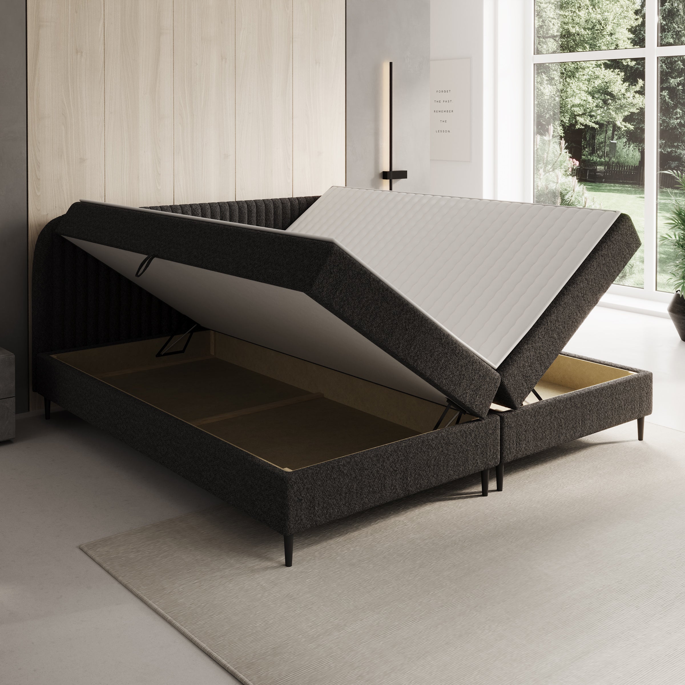 Bosque - Boxspring met opbergruimte - Teddystof zwart - 200x200 cm