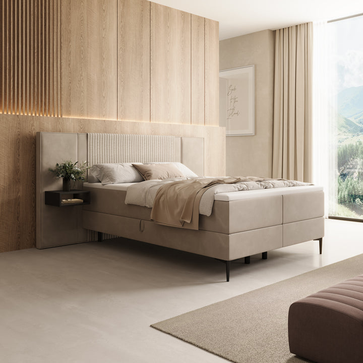 Boyd - Boxspring met nachtkastje en LED - Velvet beige - 140x200 cm