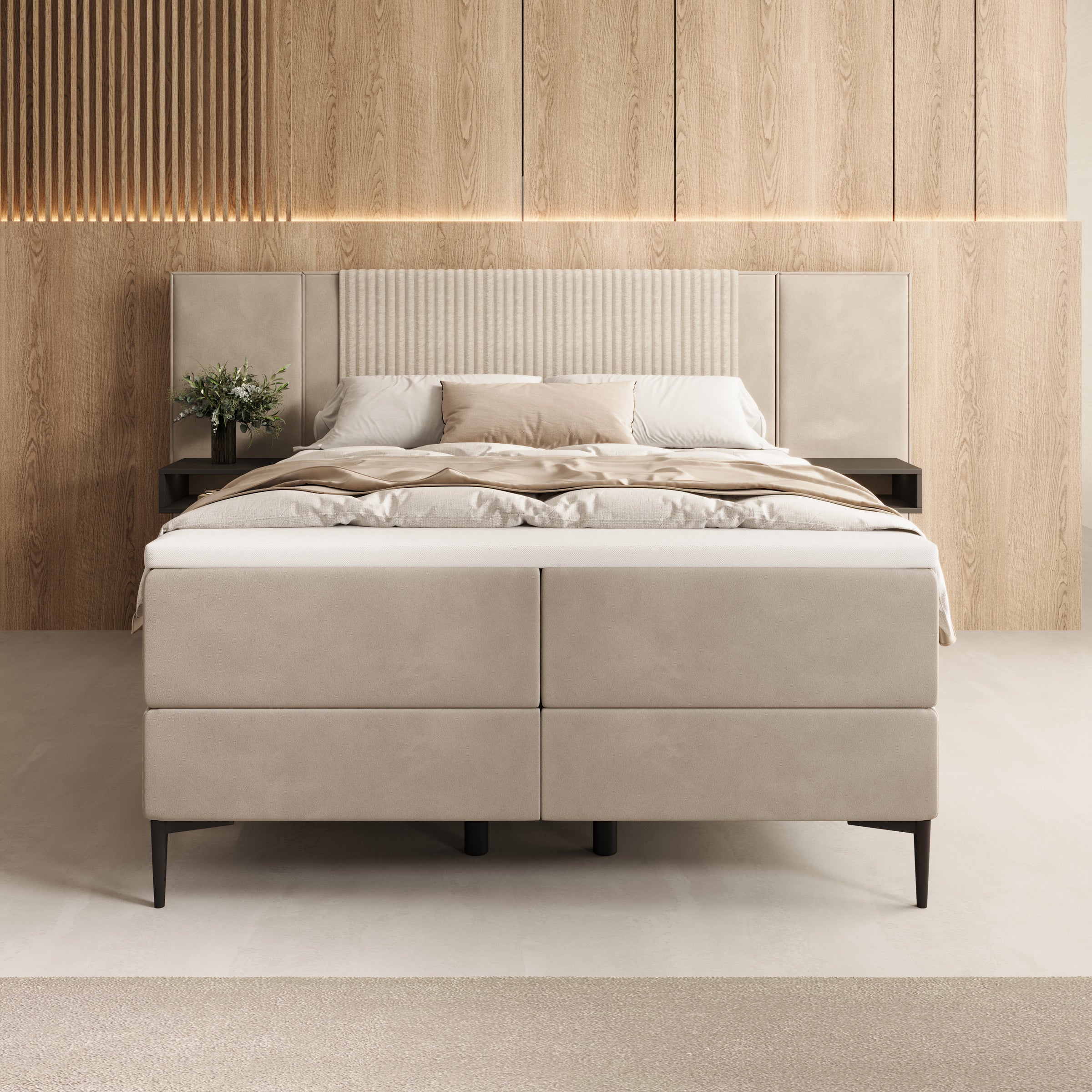 Boyd - Boxspring met nachtkastjes en LED - Velvet beige - 140x200 cm