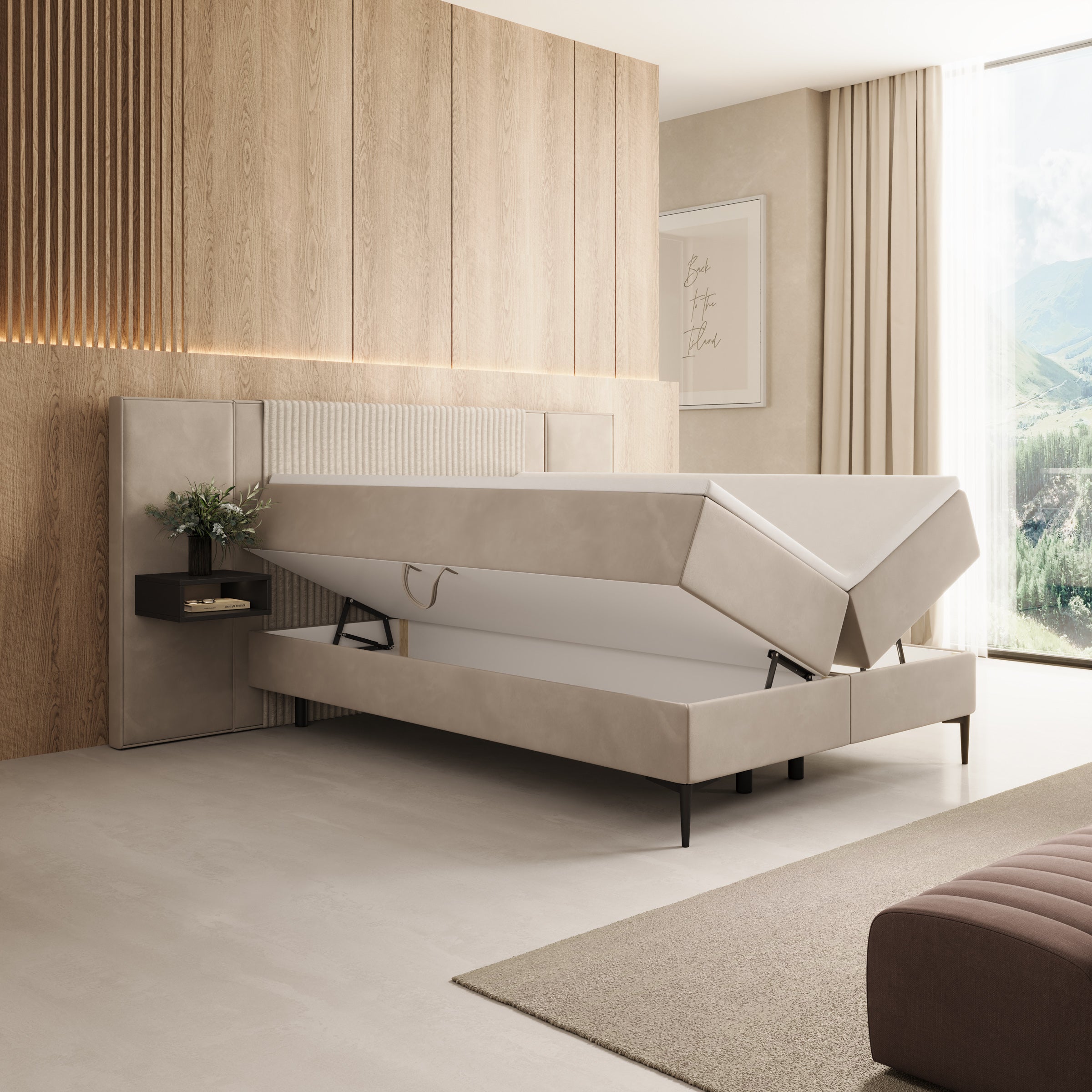 Boyd - Boxspring met nachtkastjes en LED - Velvet beige - 140x200 cm