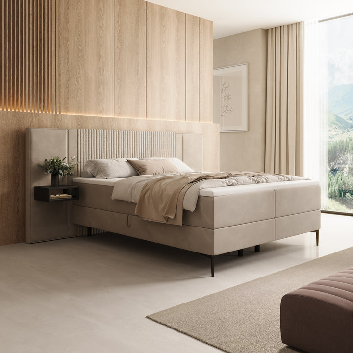 Boyd - Boxspring met nachtkastje en LED - Velvet beige - 160x200 cm