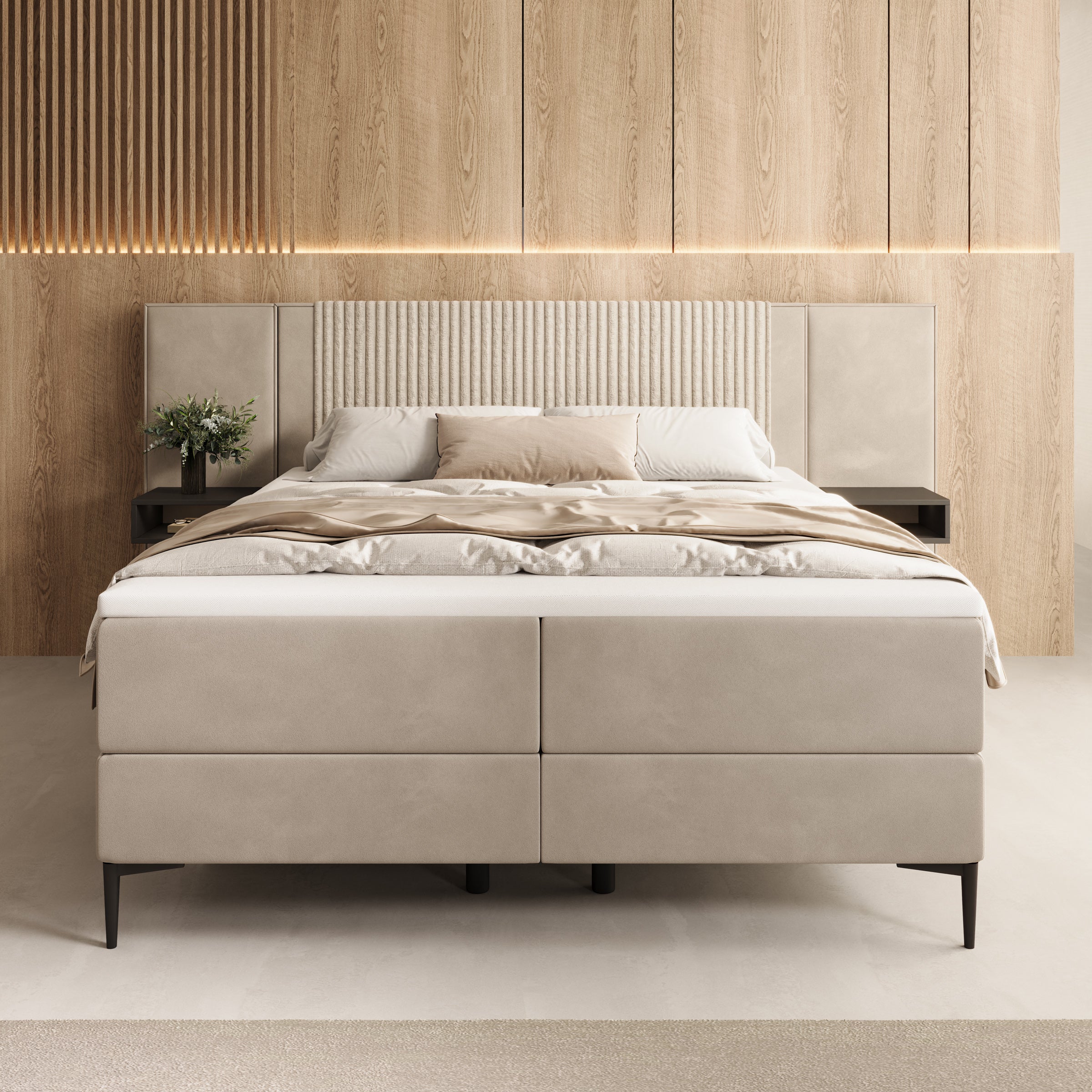 Boyd - Boxspring met nachtkastjes en LED - Velvet beige - 160x200 cm