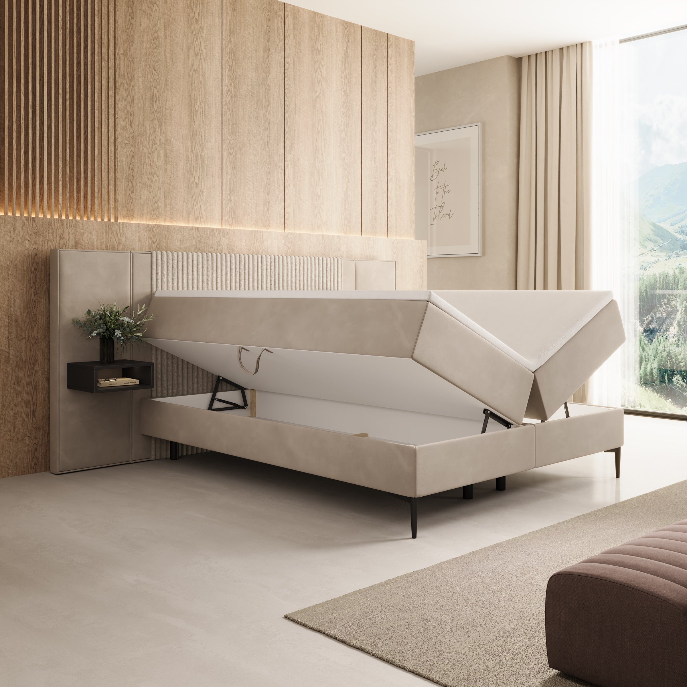 Boyd - Boxspring met nachtkastjes en LED - Velvet beige - 160x200 cm