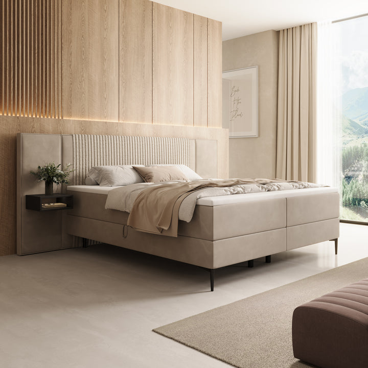 Boyd - Boxspring met nachtkastje en LED - Velvet beige - 180x200 cm