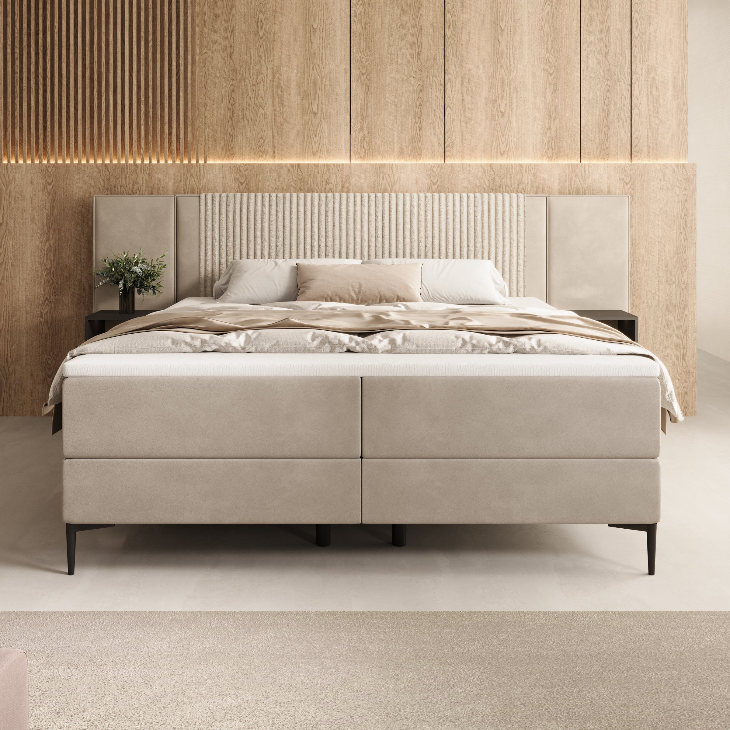 Boyd - Boxspring met nachtkastjes en LED - Velvet beige - 180x200 cm