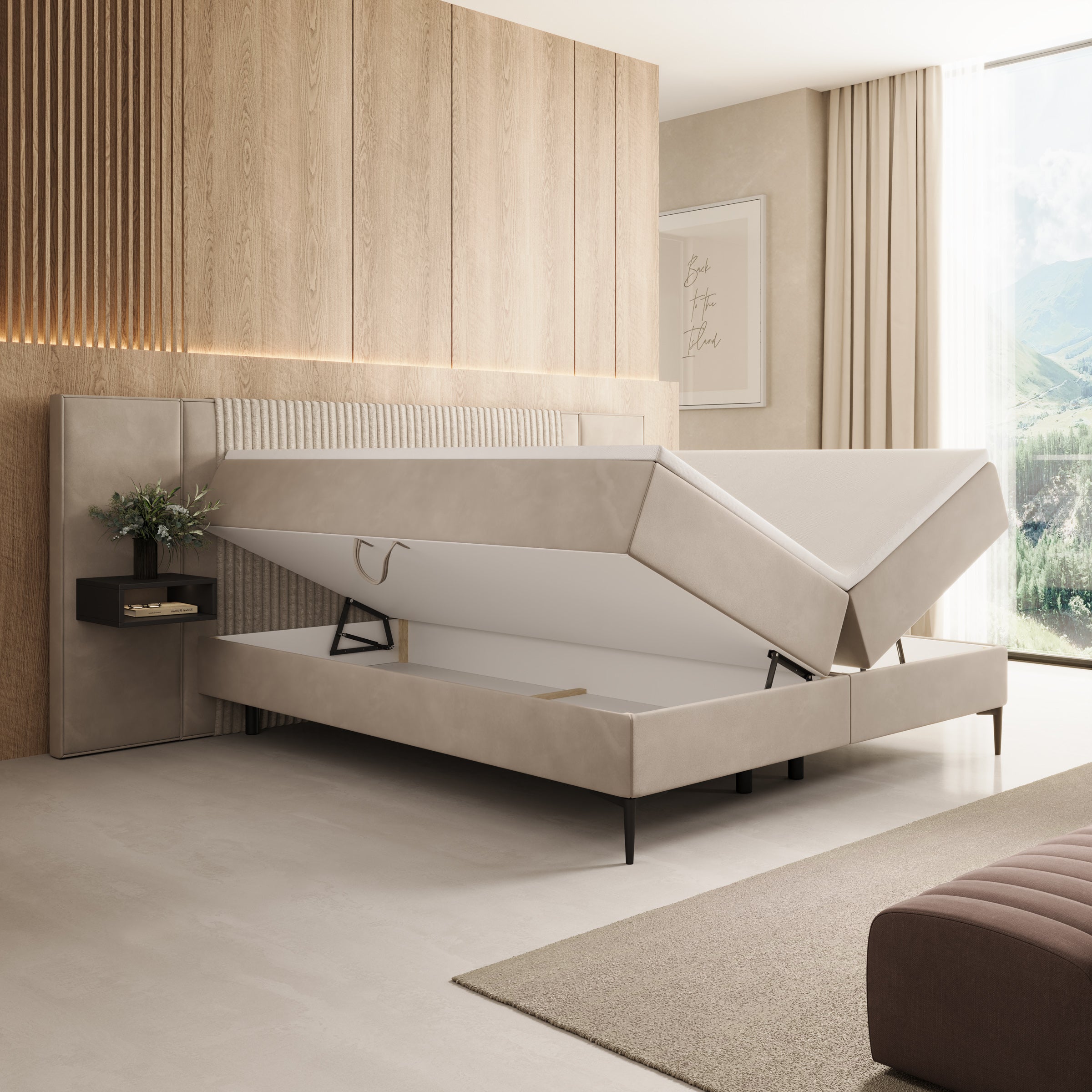 Boyd - Boxspring met nachtkastjes en LED - Velvet beige - 180x200 cm