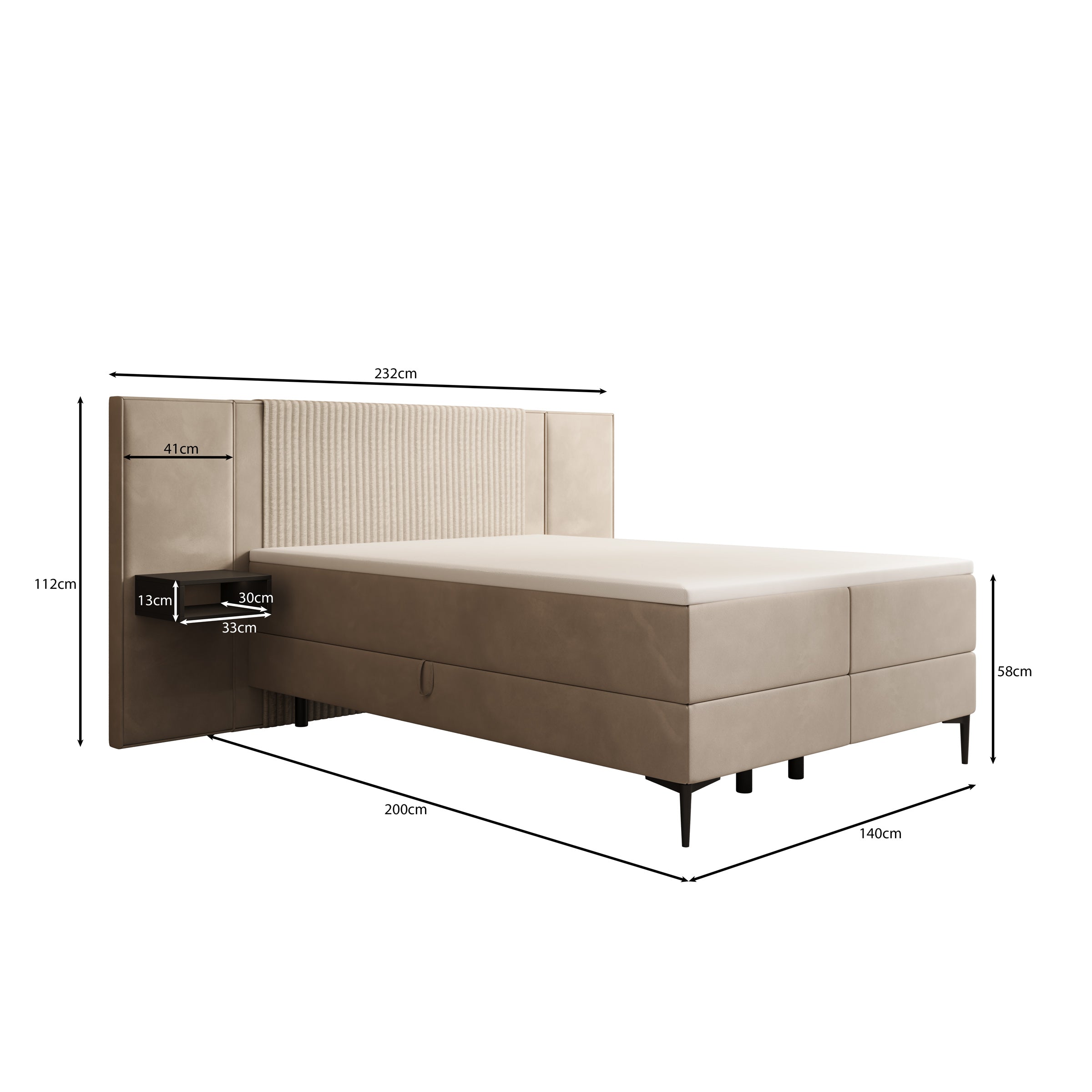 Boyd - Boxspring met nachtkastjes en LED - Velvet bruin - 140x200 cm