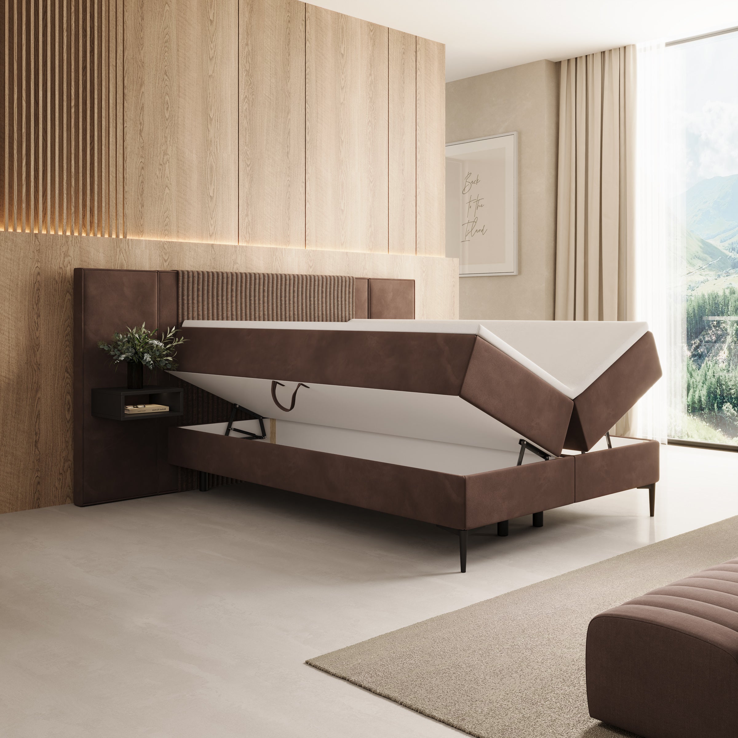 Boyd - Boxspring met nachtkastjes en LED - Velvet bruin - 140x200 cm