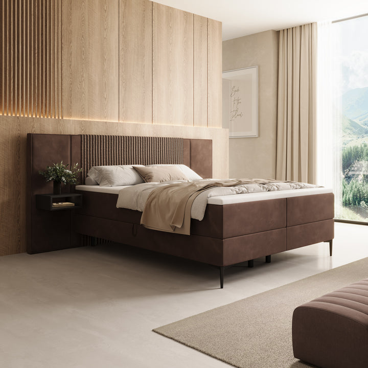 Boyd - Boxspring met nachtkastje en LED - Velvet bruin - 160x200 cm