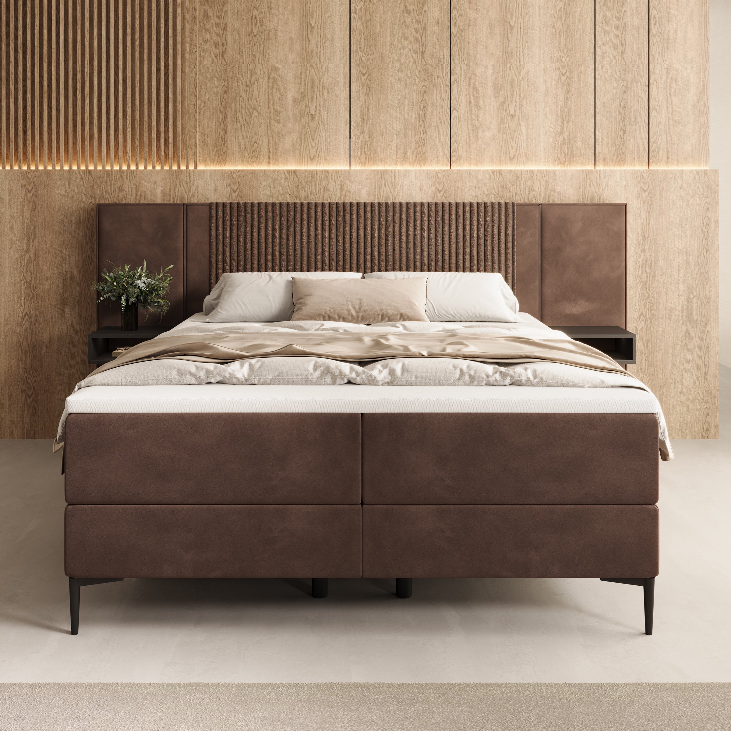 Boyd - Boxspring met nachtkastjes en LED - Velvet bruin - 160x200 cm