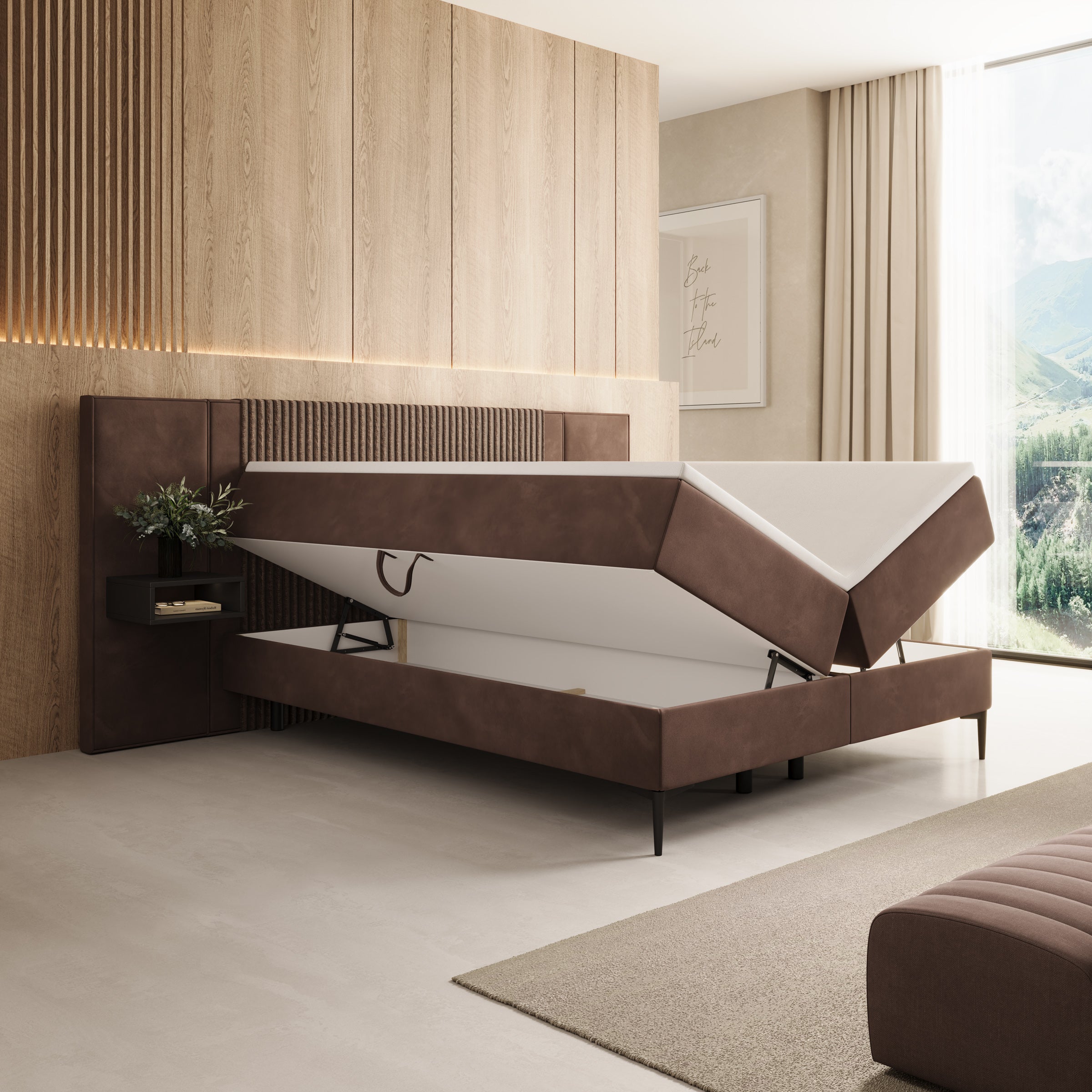 Boyd - Boxspring met nachtkastjes en LED - Velvet bruin - 160x200 cm