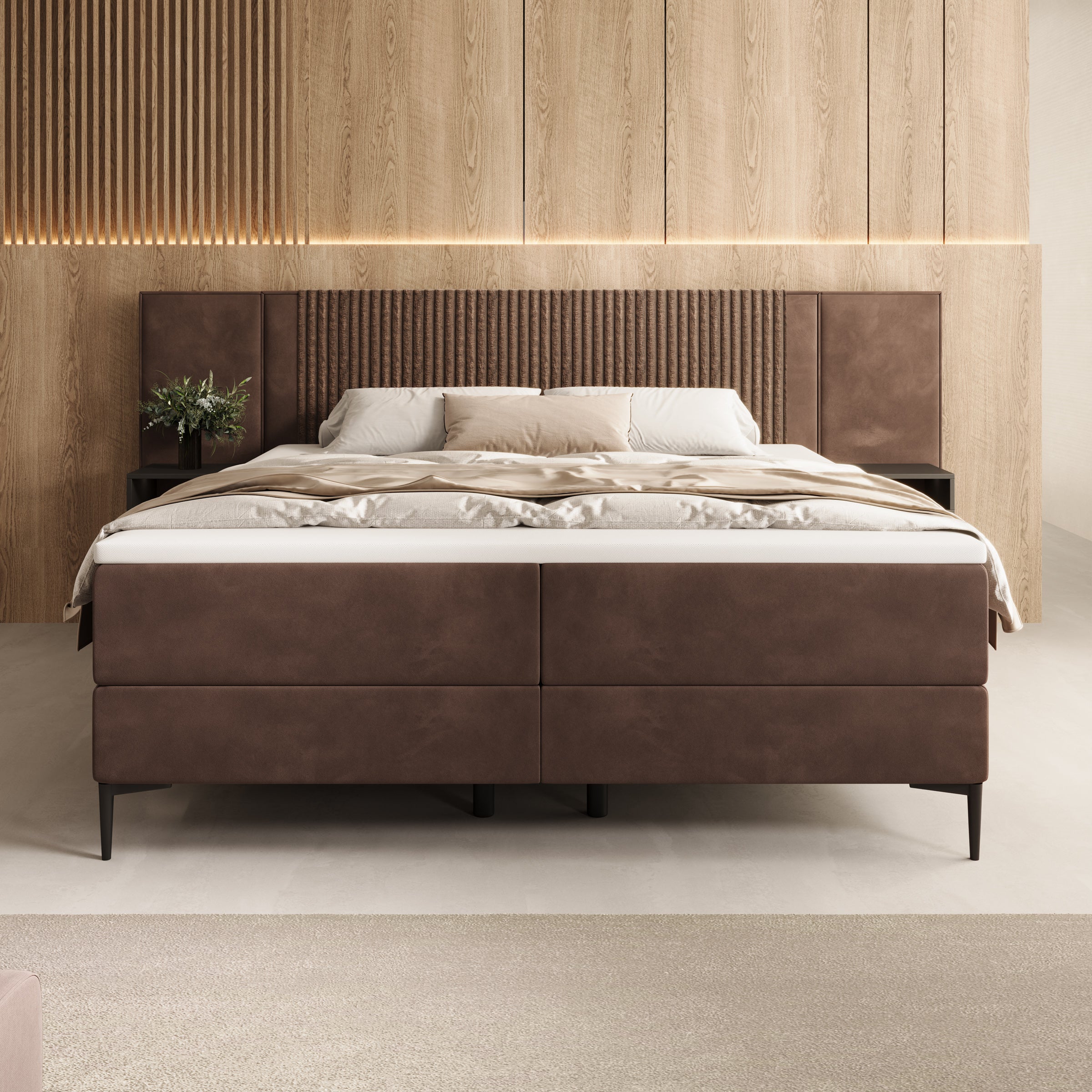 Boyd - Boxspring met nachtkastjes en LED - Velvet bruin - 180x200 cm
