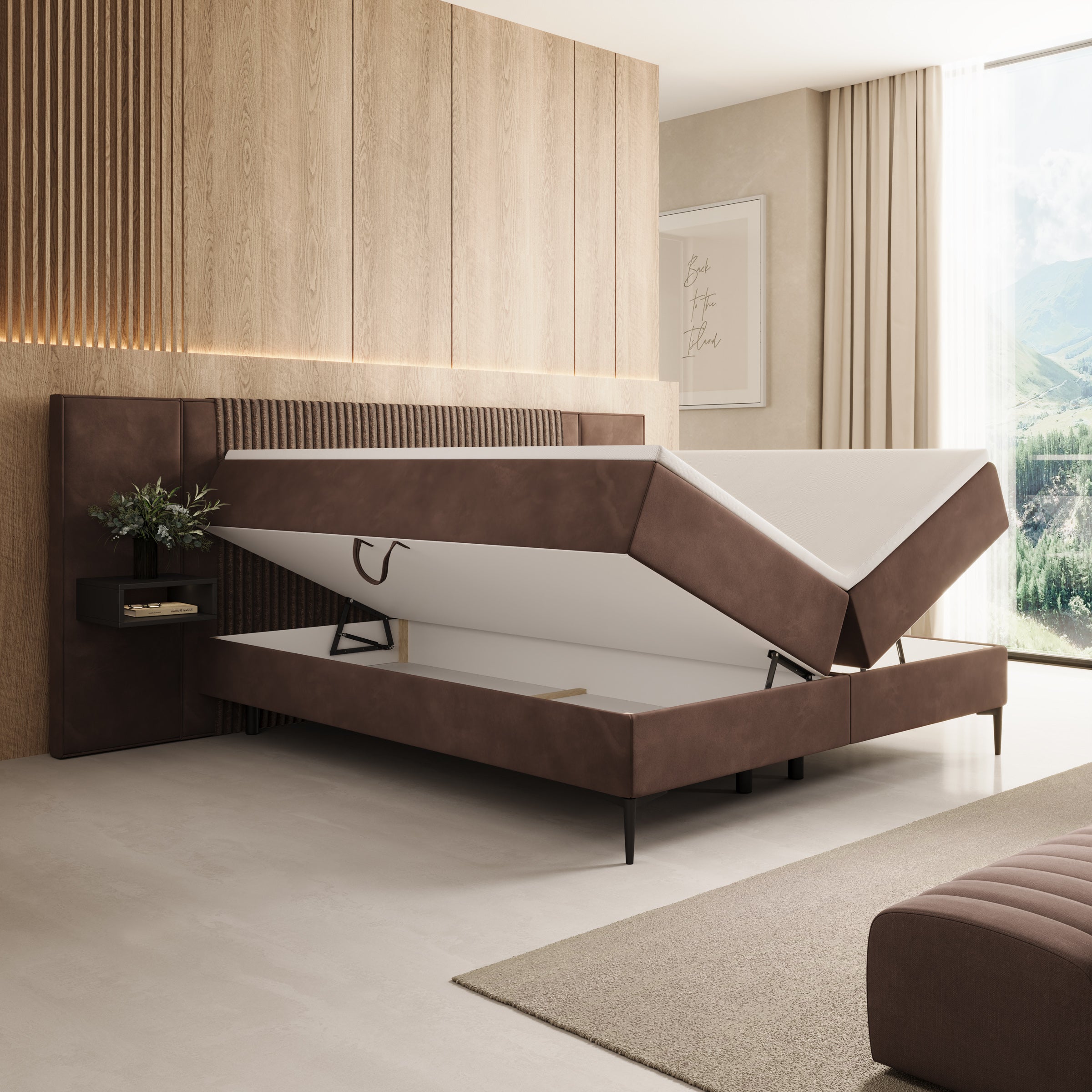 Boyd - Boxspring met nachtkastjes en LED - Velvet bruin - 180x200 cm