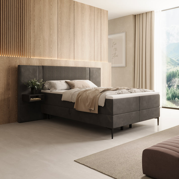 Boyd - Boxspring met nachtkastje en LED - Velvet zwart - 140x200 cm