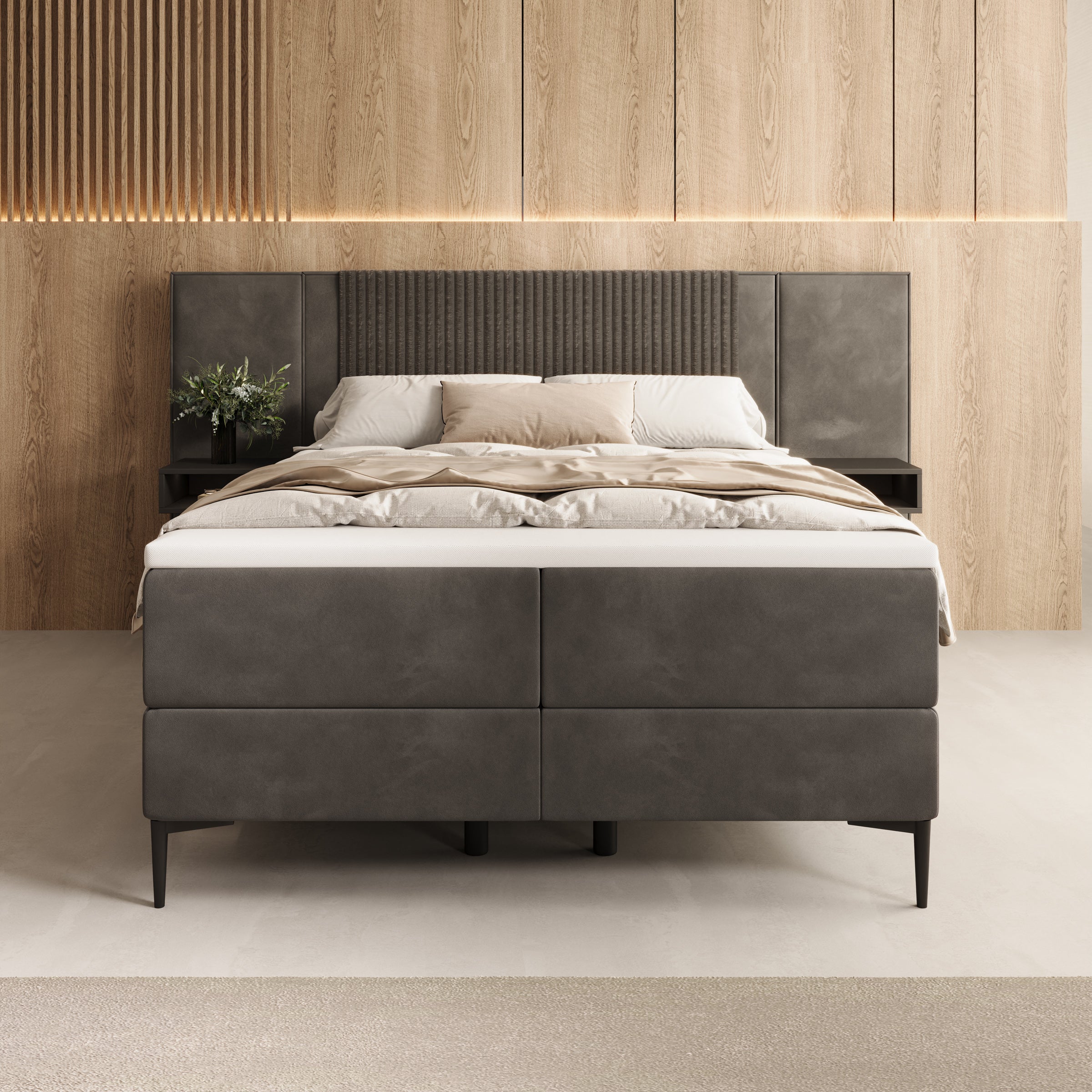 Boyd - Boxspring met nachtkastjes en LED - Velvet zwart - 140x200 cm