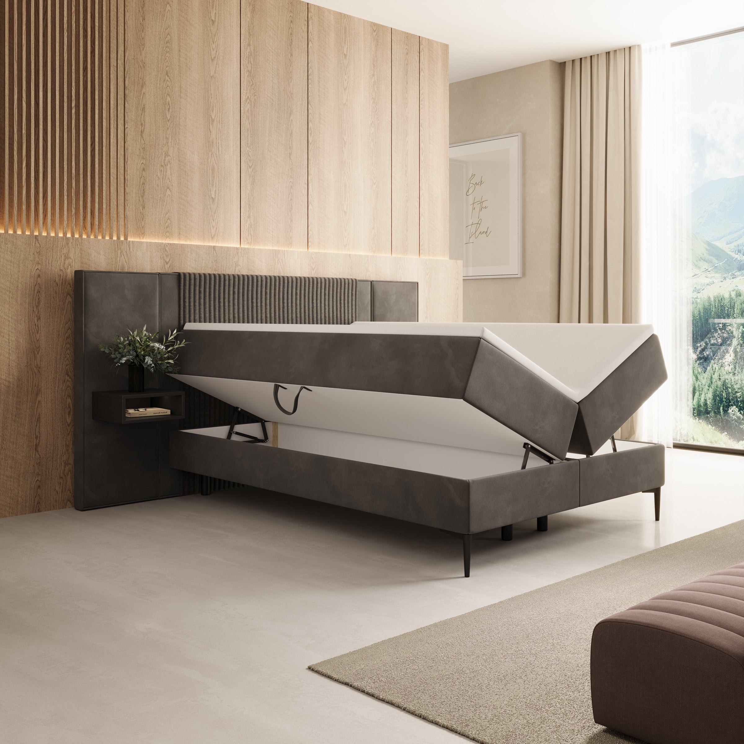 Boyd - Boxspring met nachtkastjes en LED - Velvet zwart - 140x200 cm