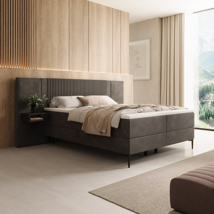 Boyd - Boxspring met nachtkastje en LED - Velvet zwart - 160x200 cm