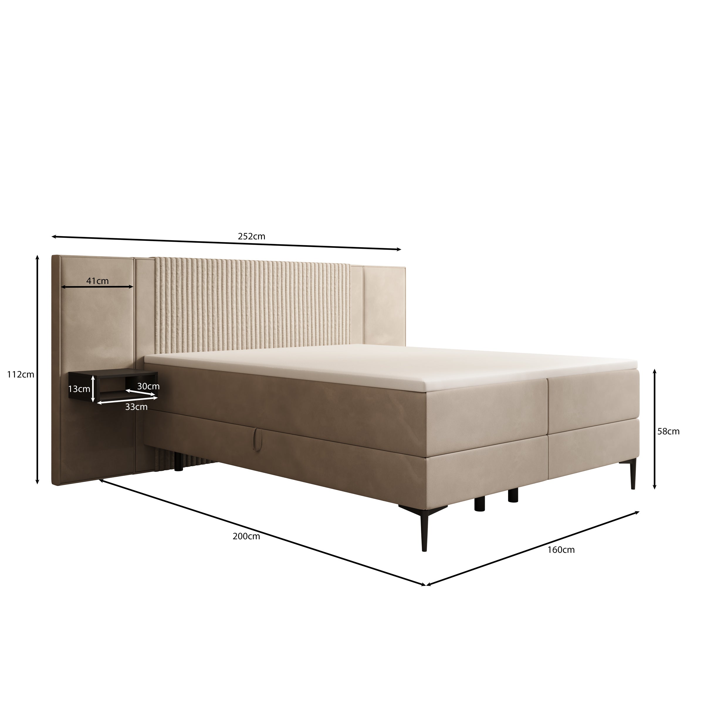 Boyd - Boxspring met nachtkastjes en LED - Velvet zwart - 160x200 cm
