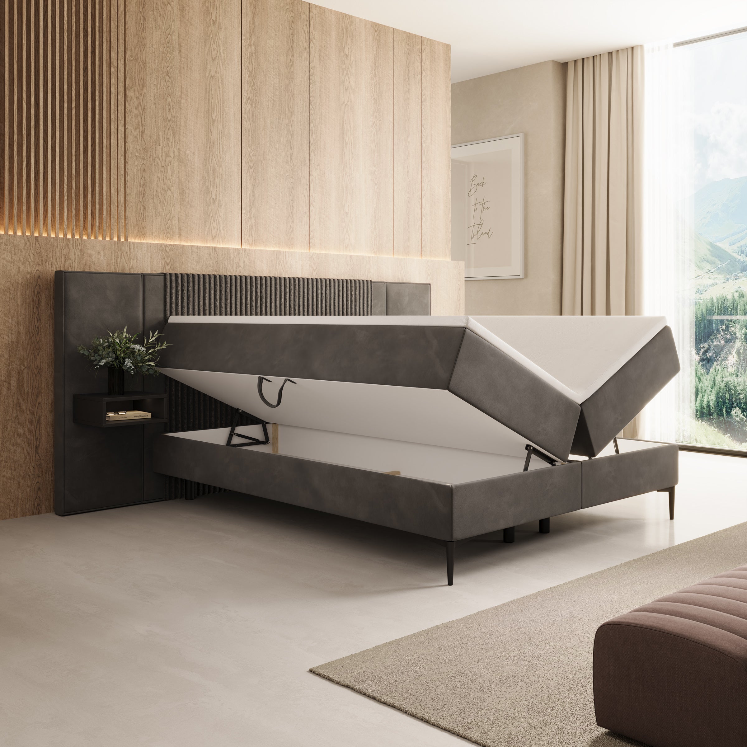 Boyd - Boxspring met nachtkastjes en LED - Velvet zwart - 160x200 cm