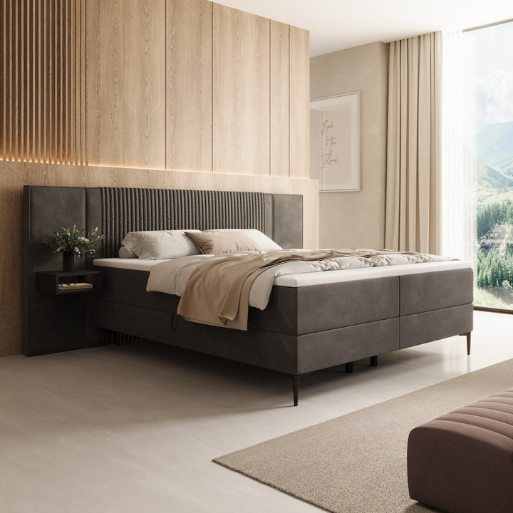 Boyd - Boxspring met nachtkastje en LED - Velvet zwart - 180x200 cm