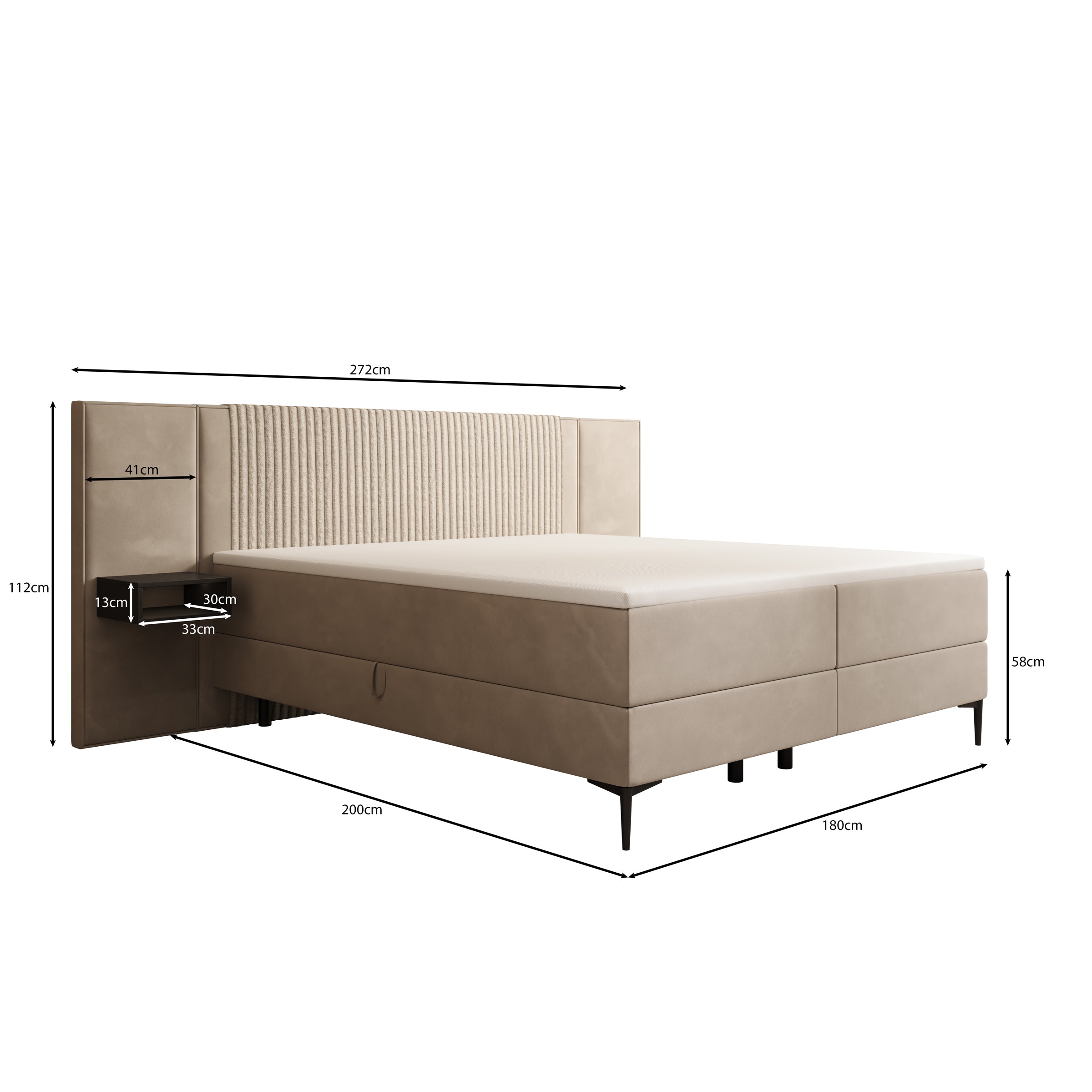 Boyd - Boxspring met nachtkastjes en LED - Velvet zwart - 180x200 cm