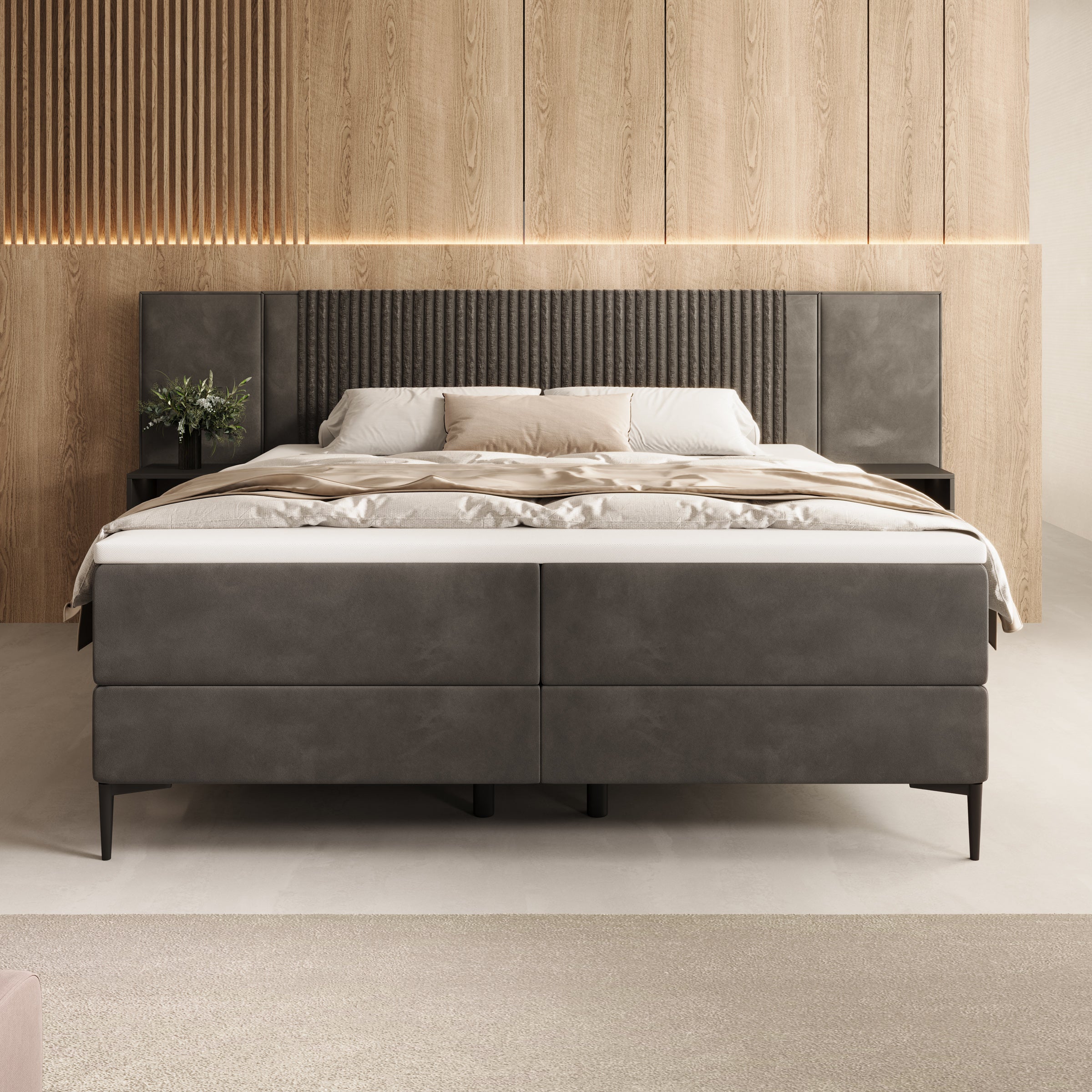 Boyd - Boxspring met nachtkastjes en LED - Velvet zwart - 180x200 cm