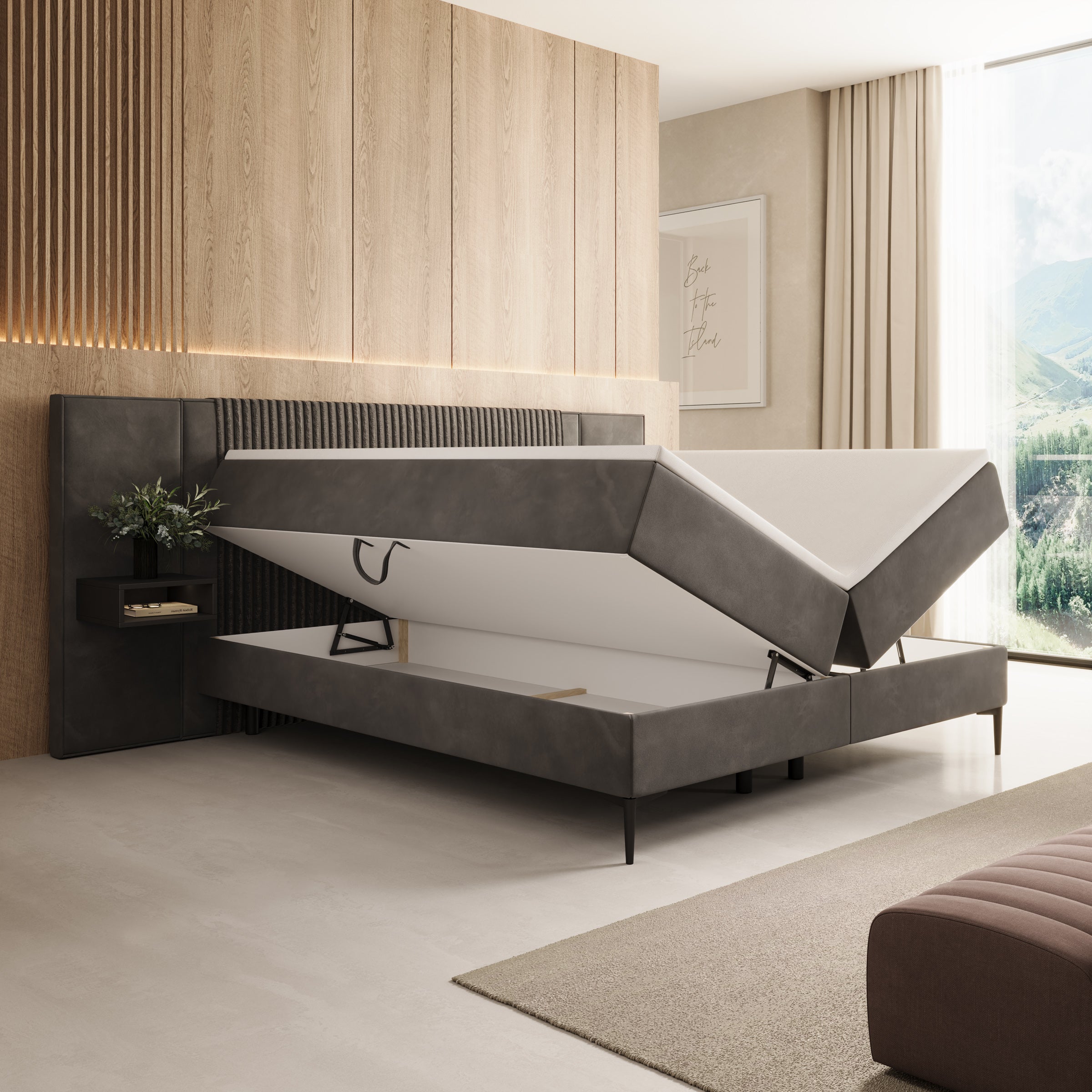 Boyd - Boxspring met nachtkastjes en LED - Velvet zwart - 180x200 cm