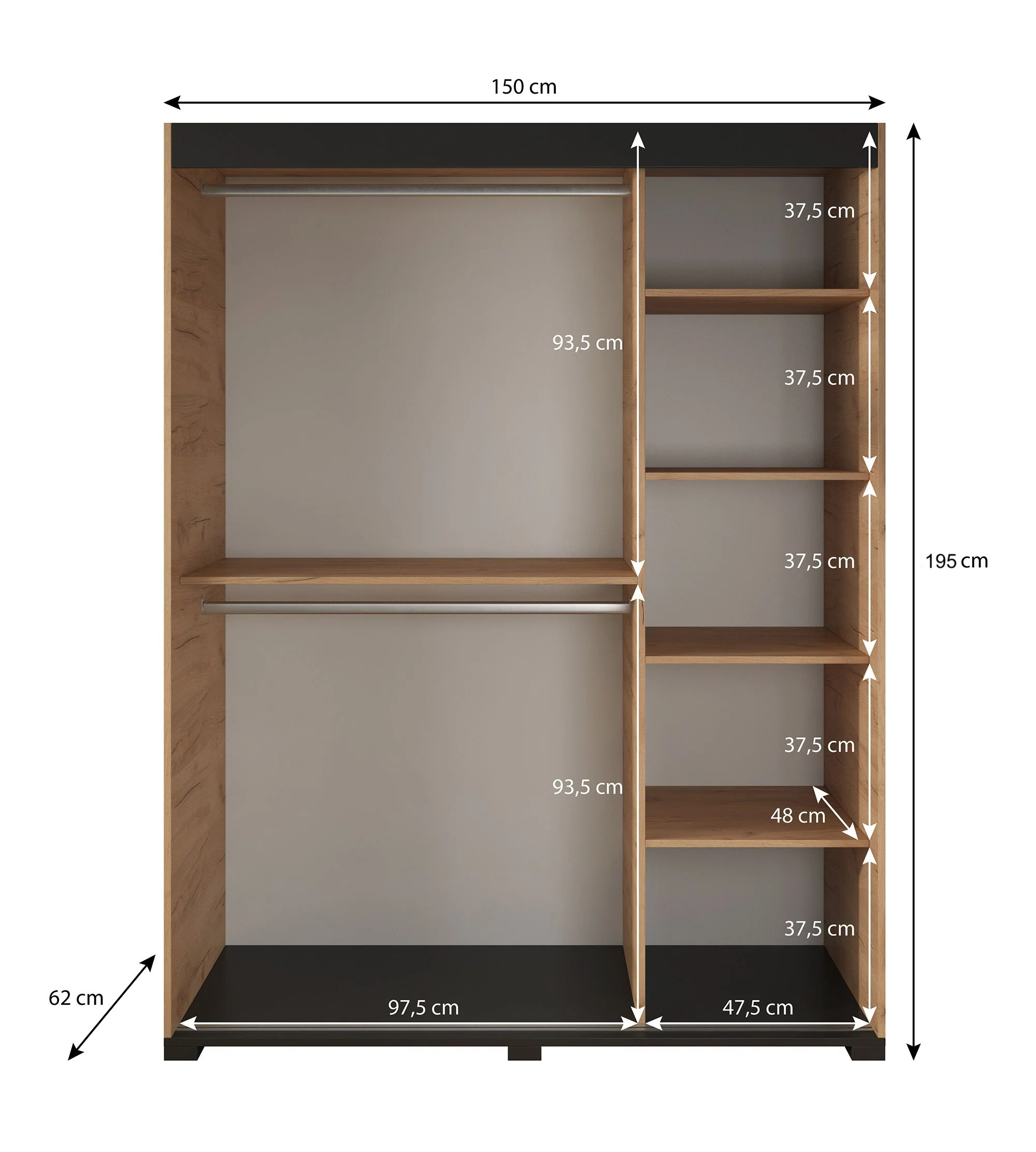 Brazil - Kledingkast met schuifdeuren - Eiken - 150x62x195 cm