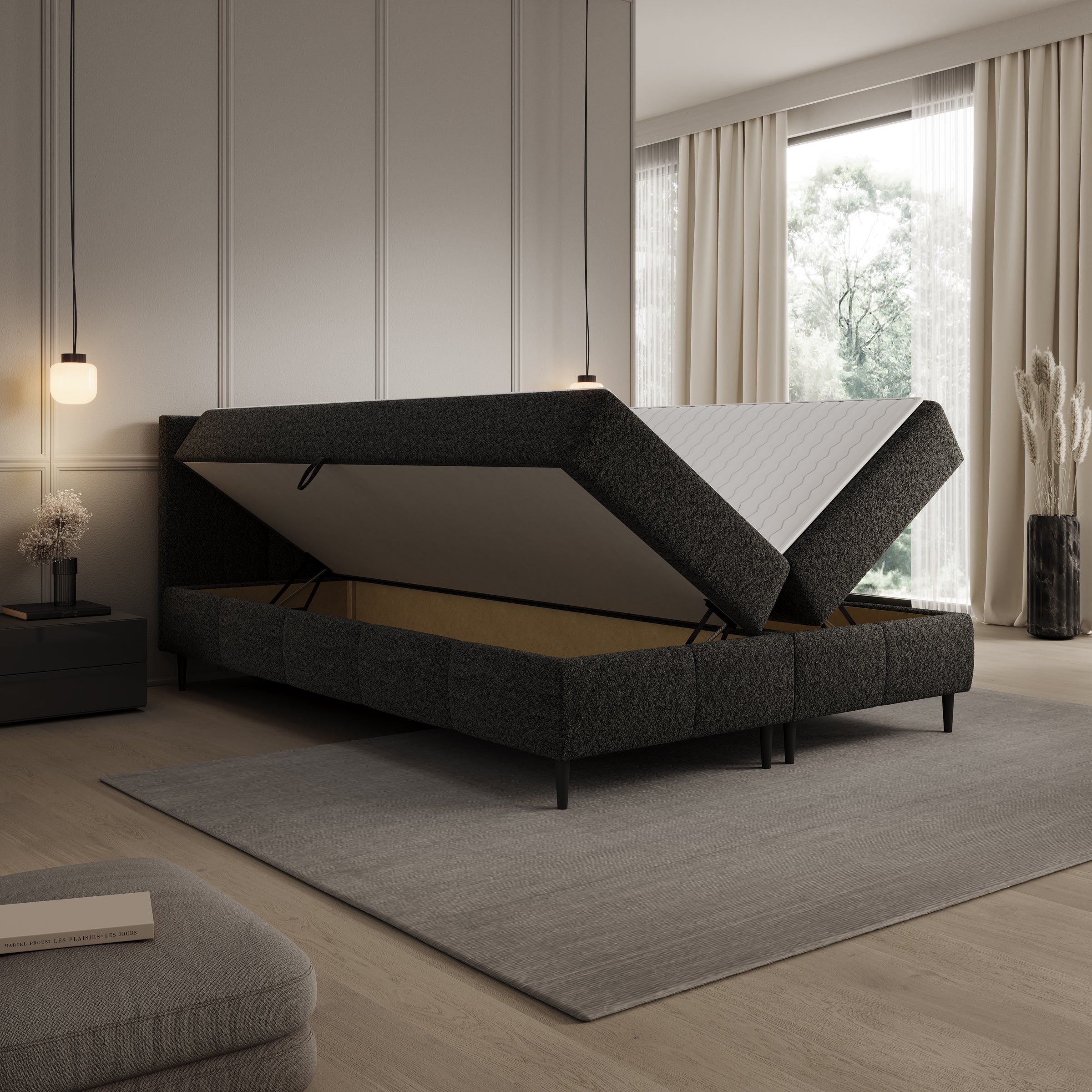 Brisa - Boxspring met opbergruimte - Teddystof zwart - 140x200 cm