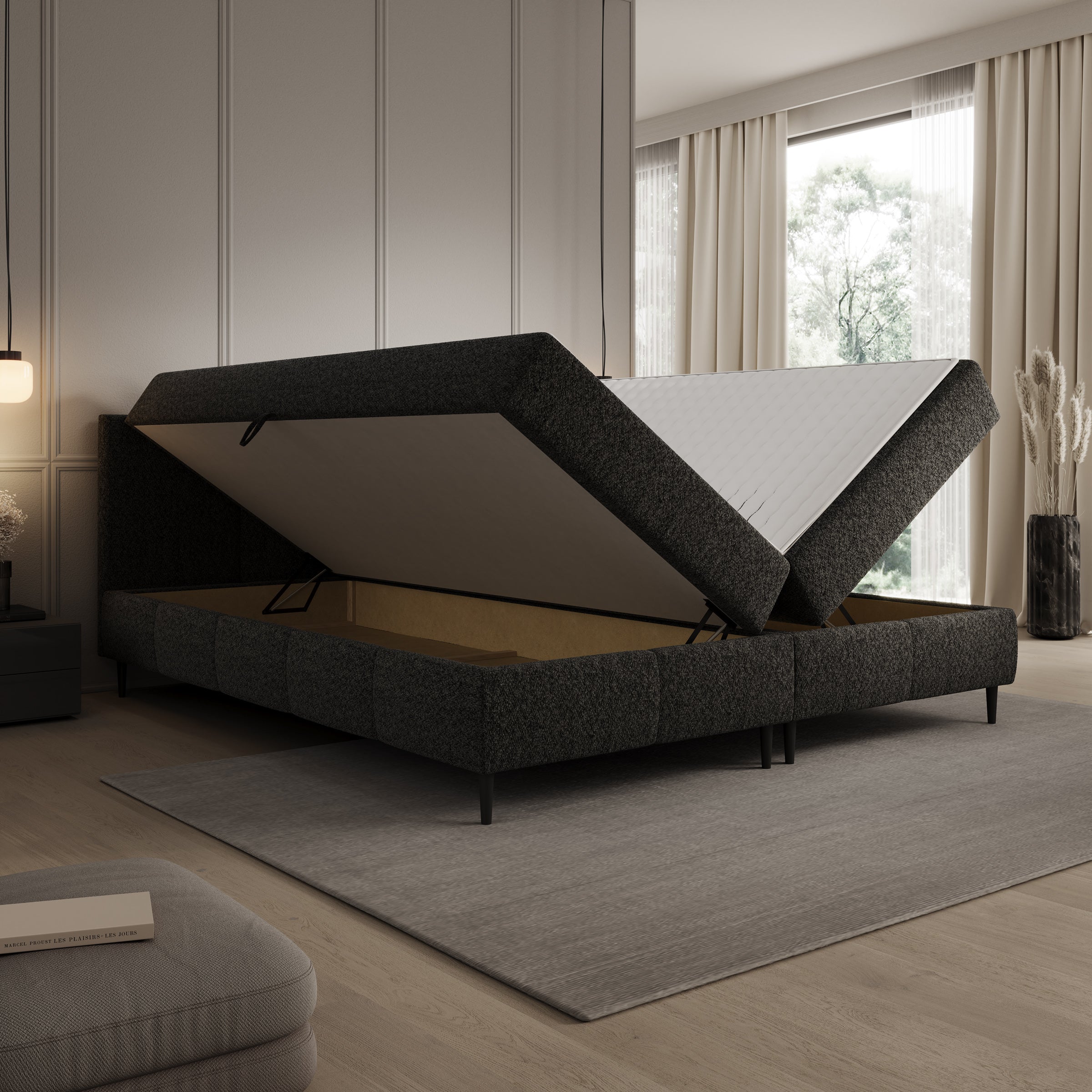 Brisa - Boxspring met opbergruimte - Teddystof zwart - 180x200 cm