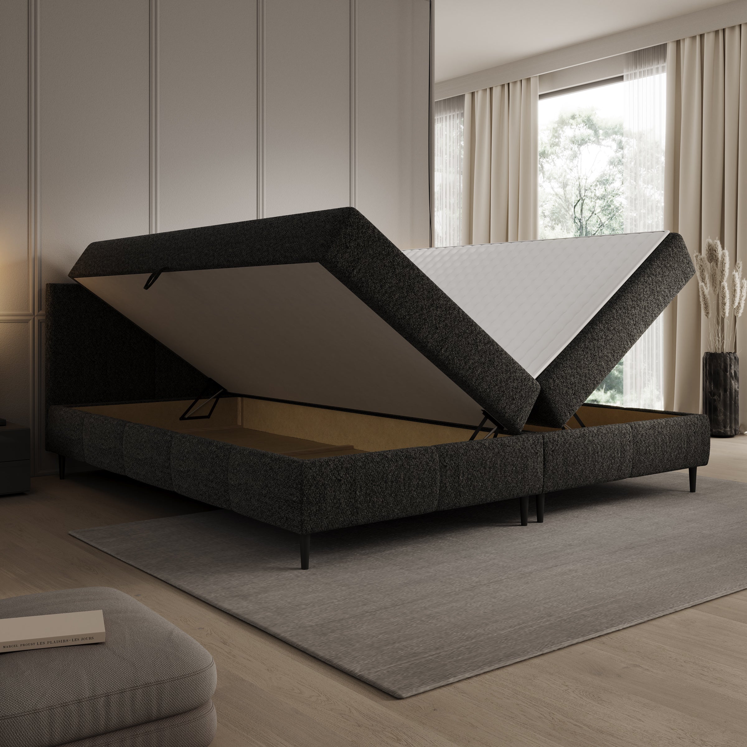 Brisa - Boxspring met opbergruimte - Teddystof zwart - 200x200 cm