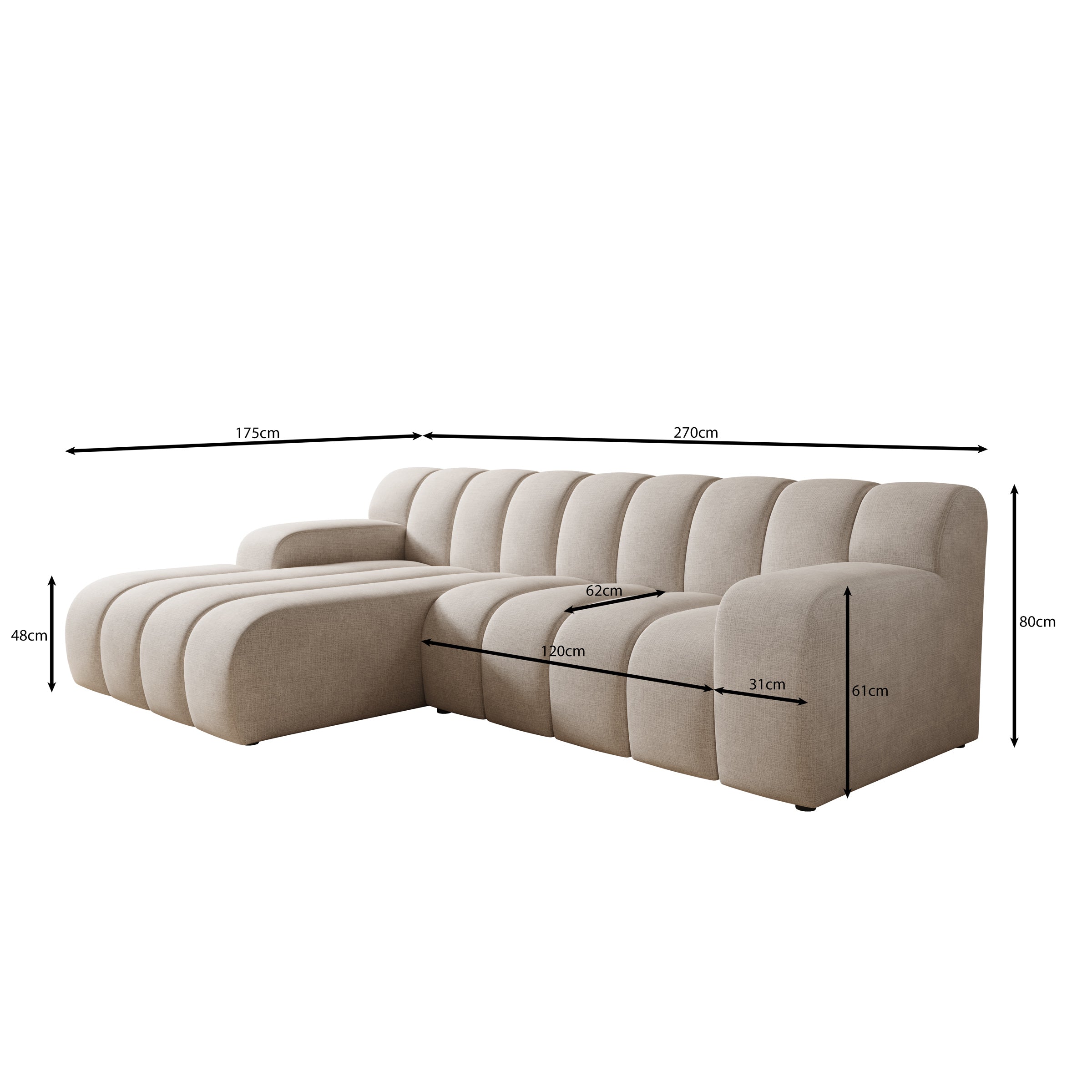 Brunello - Hoekbank 3-zits met chaise longue - Stof zwart - Links